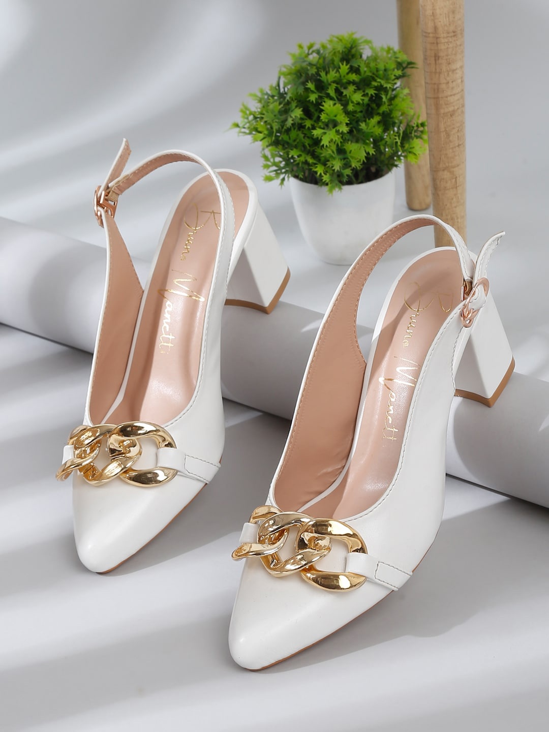 

Bruno Manetti Embellished Block Heeled Mules, White