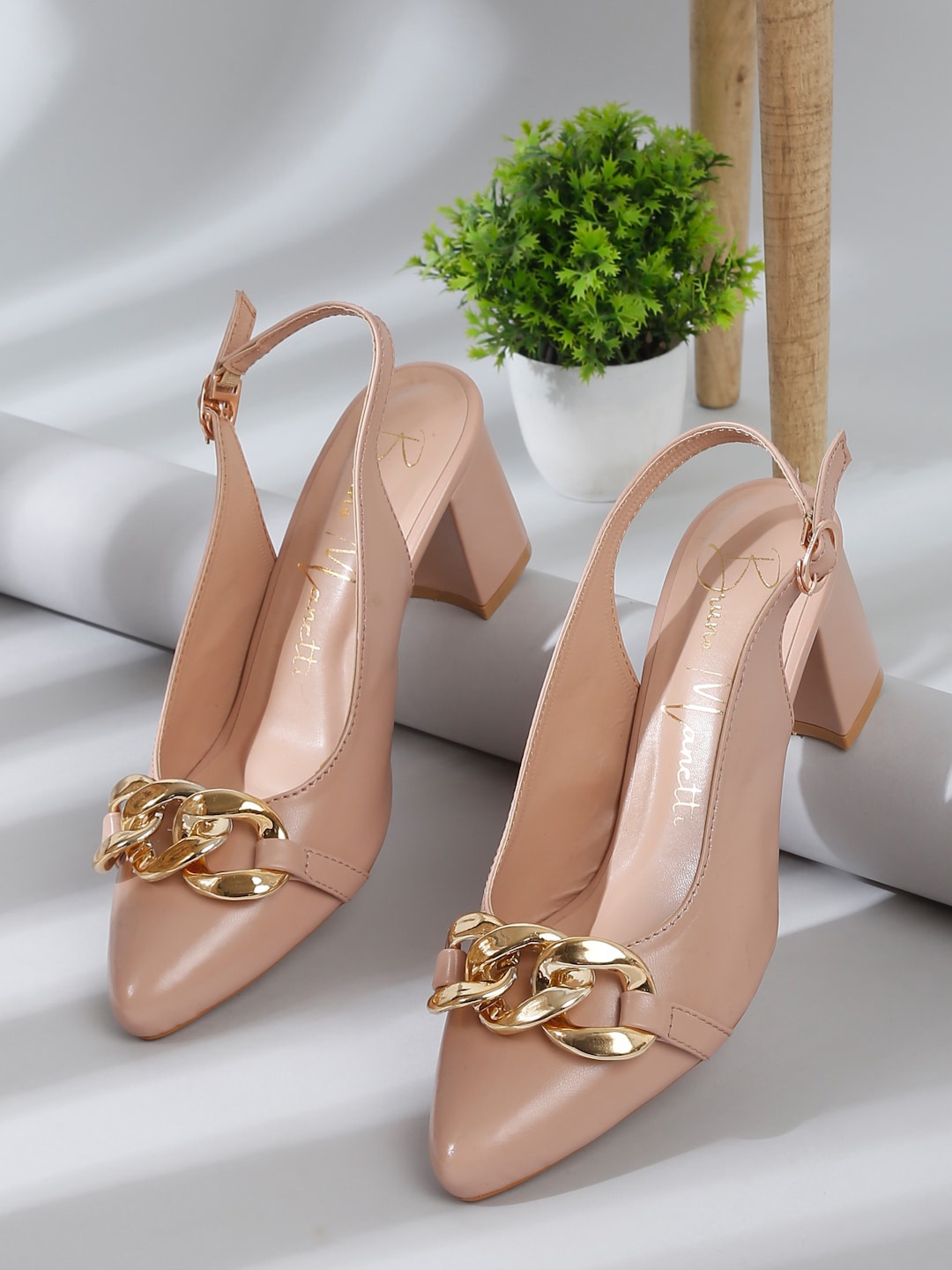 

Bruno Manetti Embellished Block Heeled Mules, Nude