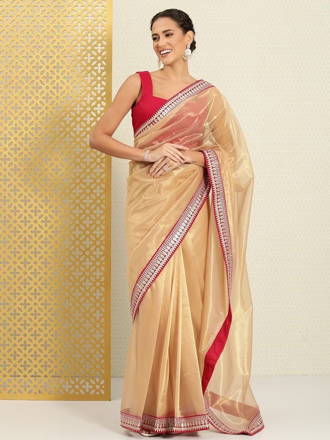 

AWRIYA Embroidered Organza Saree, Beige