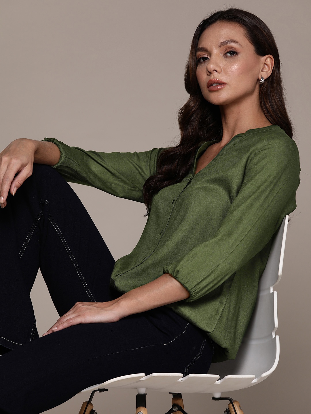

Roadster Mandarin Collar Puff Sleeves Shirt Style Top, Olive