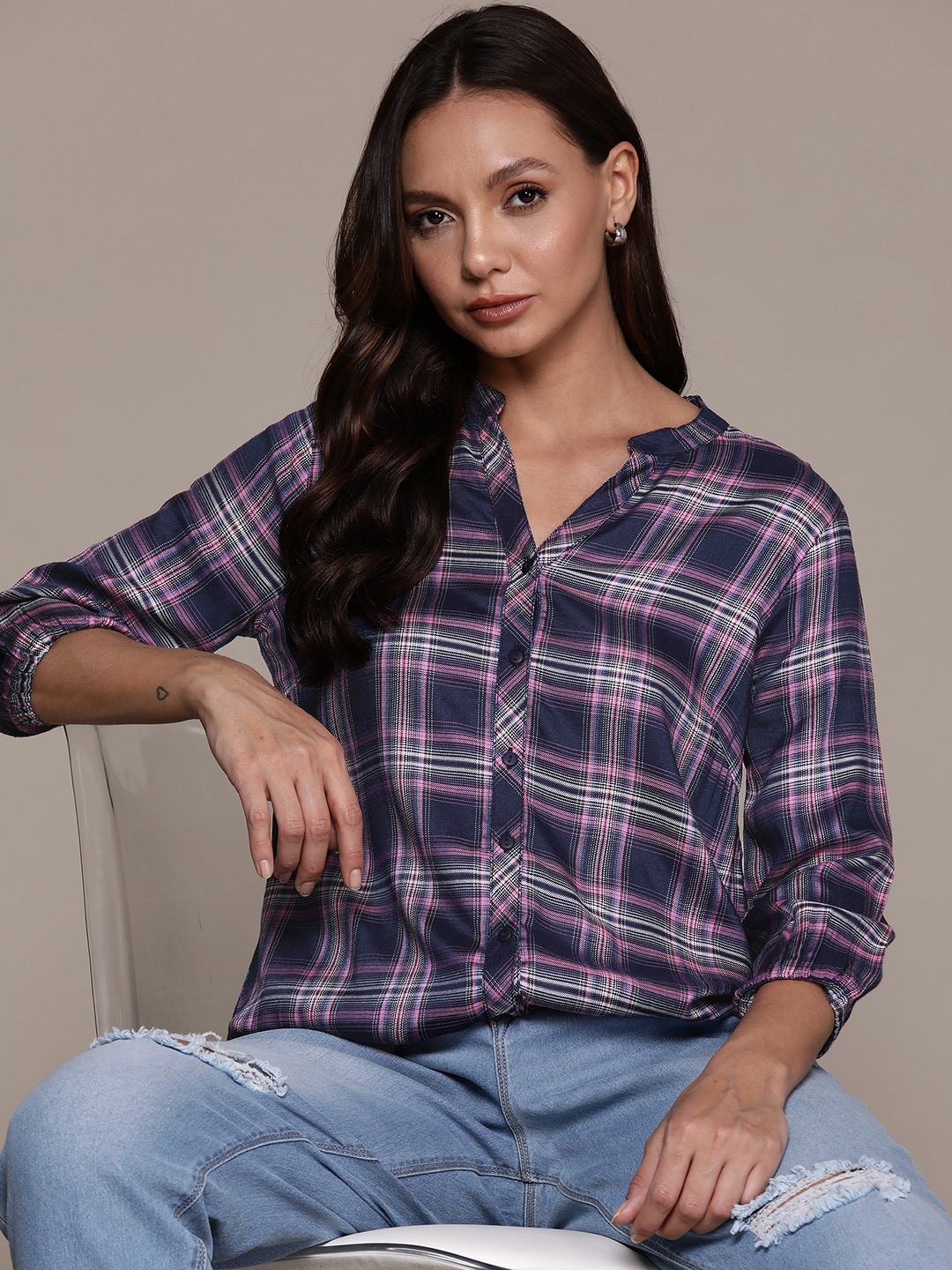 

Roadster Checked Mandarin Collar Puff Sleeves Shirt Style Top, Navy blue