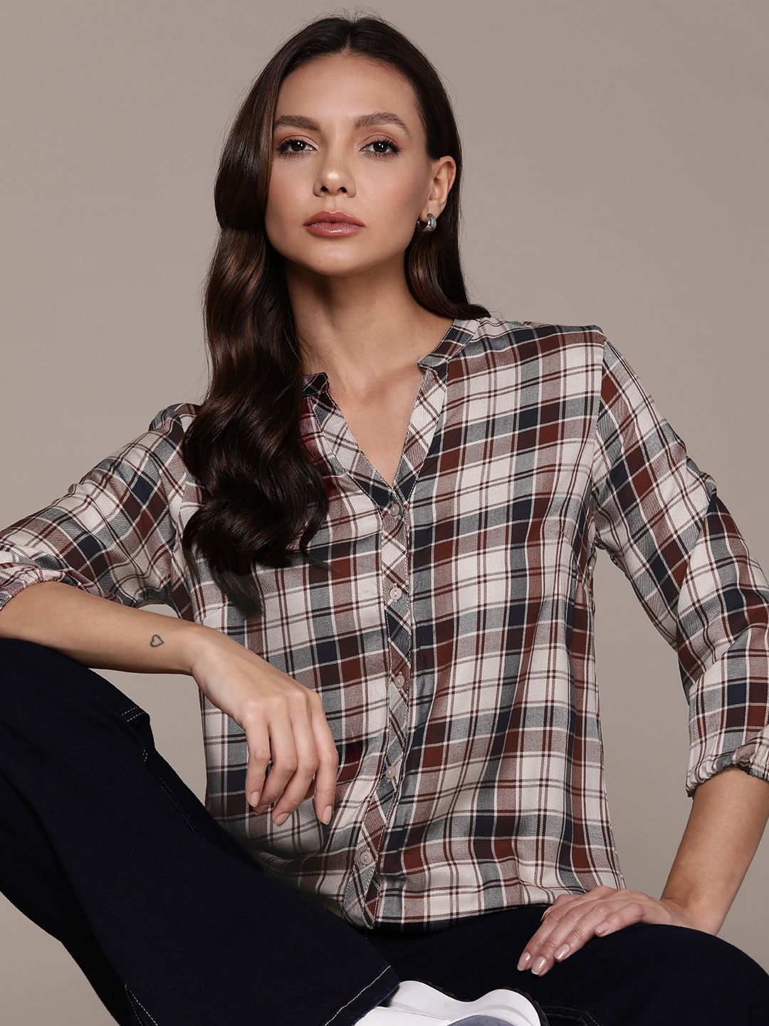 

Roadster Checked Mandarin Collar Puff Sleeves Shirt Style Top, Beige