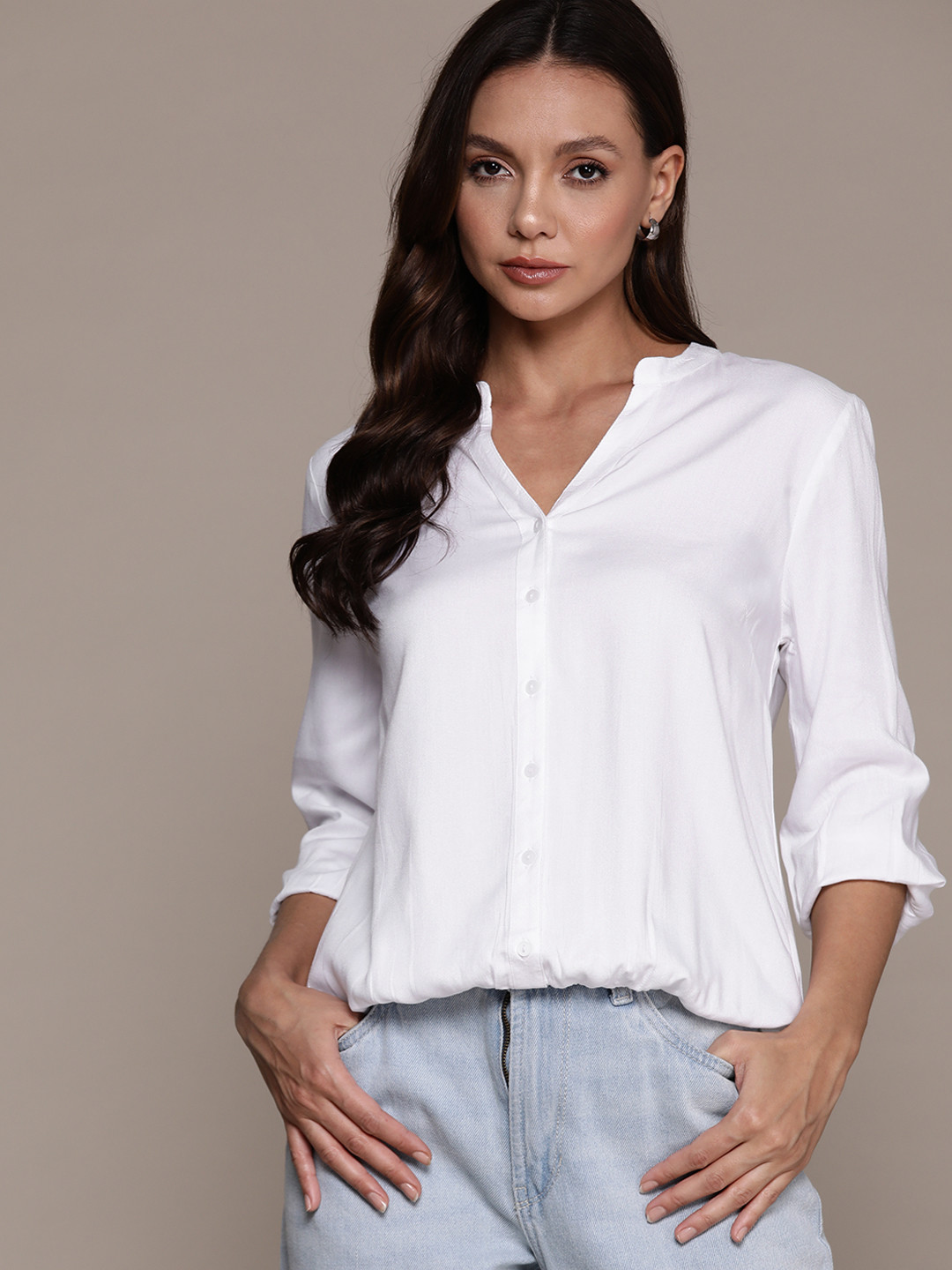 

Roadster Mandarin Collar Puff Sleeves Shirt Style Top, White