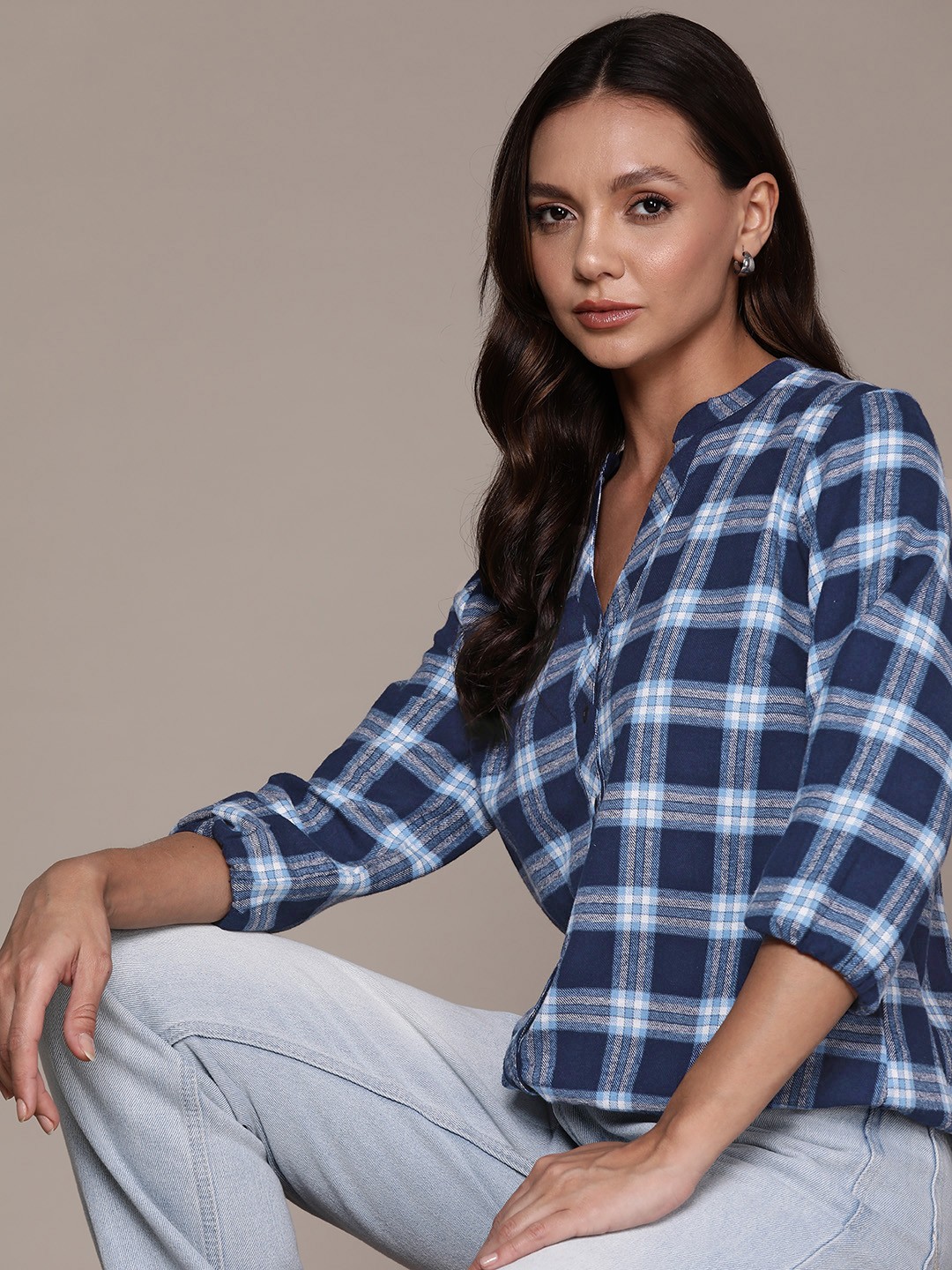 

Roadster Checked Mandarin Collar Puff Sleeves Pure Cotton Shirt Style Top, Navy blue