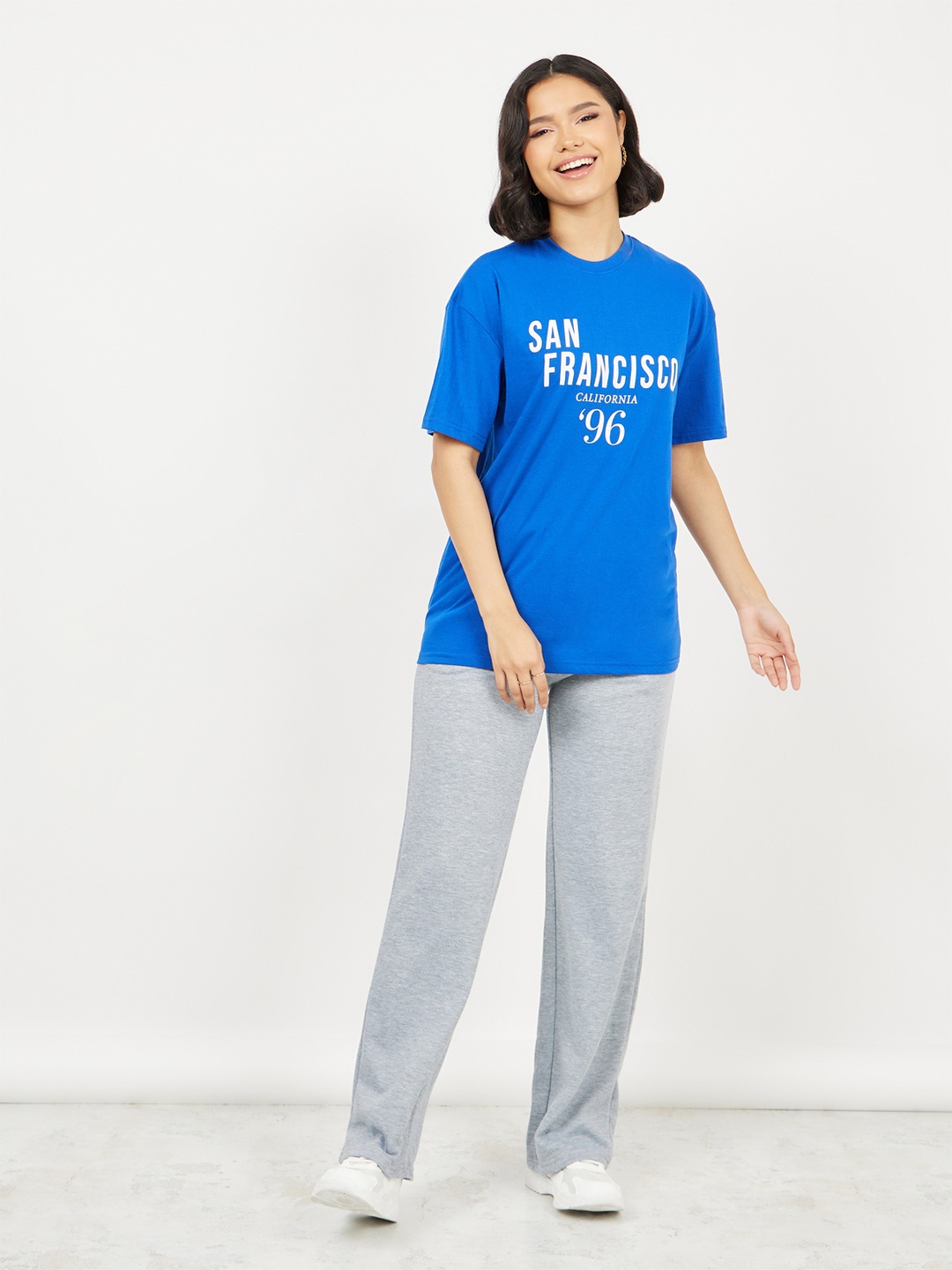 

Styli Blue Typography Printed Oversized Longline Cotton T-shirt