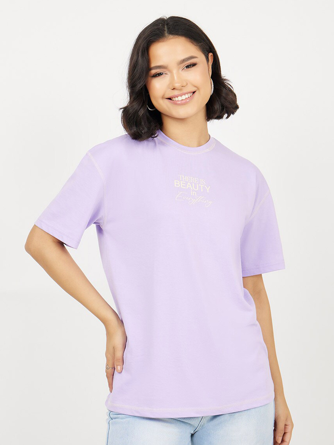 

Styli Purple Round Neck Oversized Cotton T-shirt