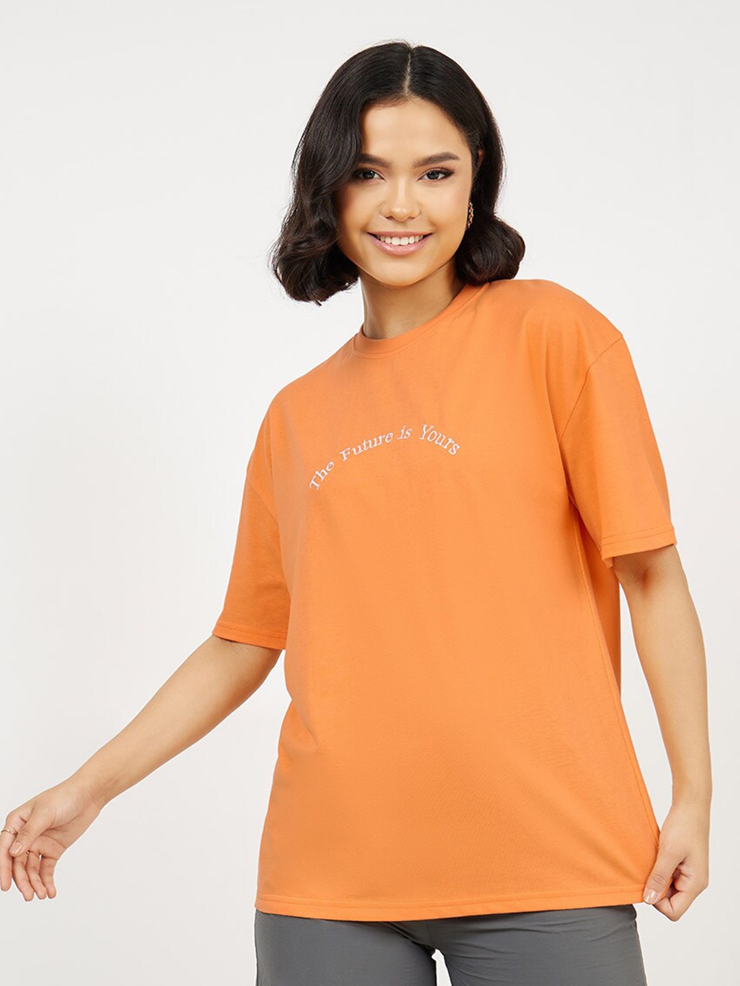 

Styli Orange Typography Printed Oversized Cotton T-shirt