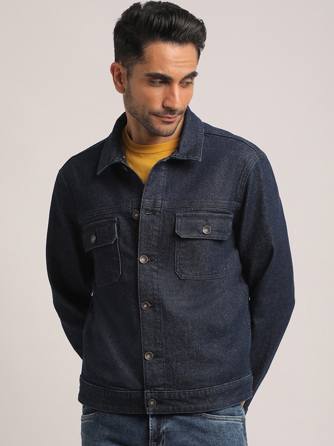 

EVERBLUE Men Classic Dark Blue Cotton Stretch Denim Jacket