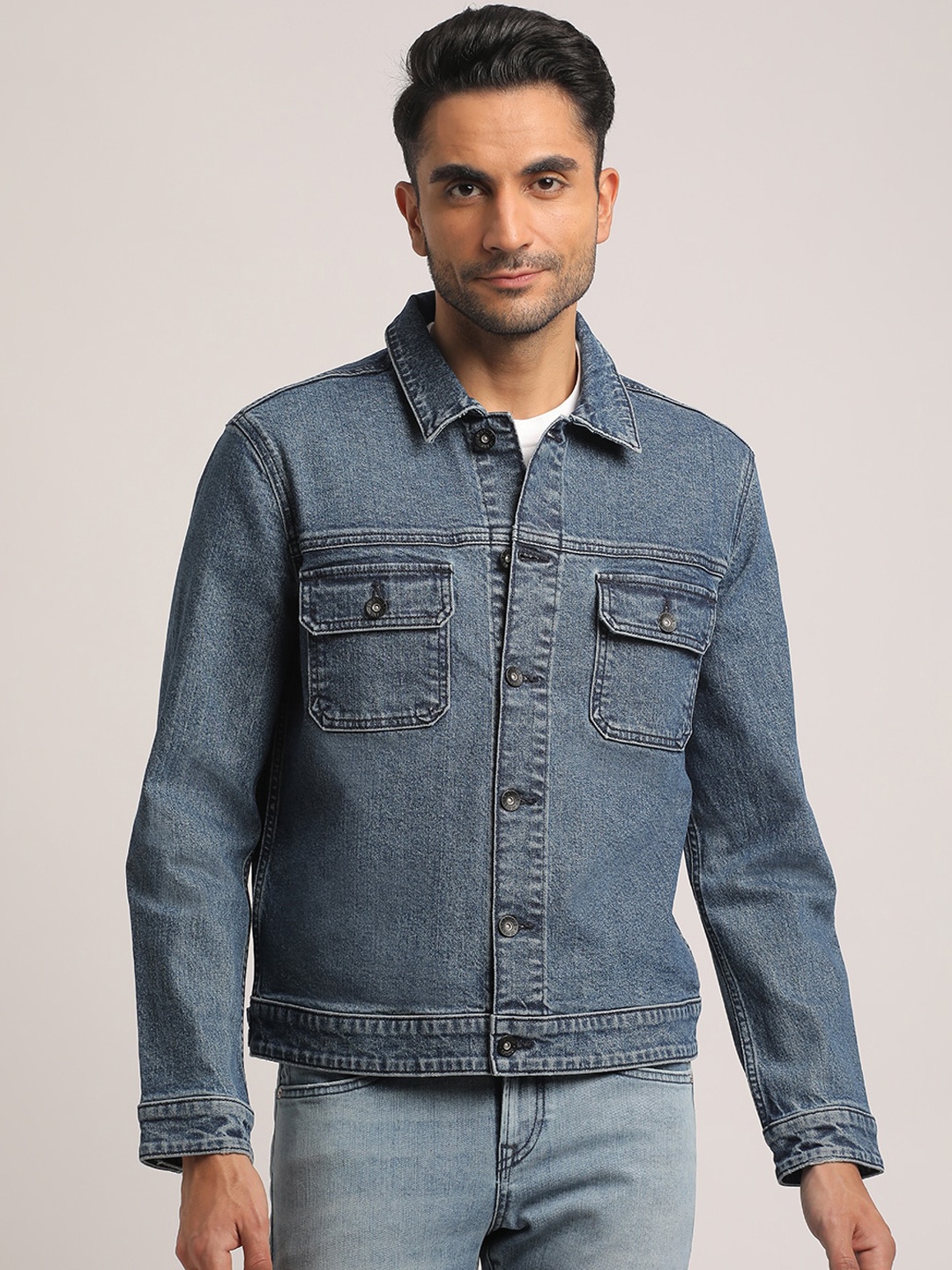 

EVERBLUE Washed Spread Collar Long Sleeves Denim Jacket, Blue