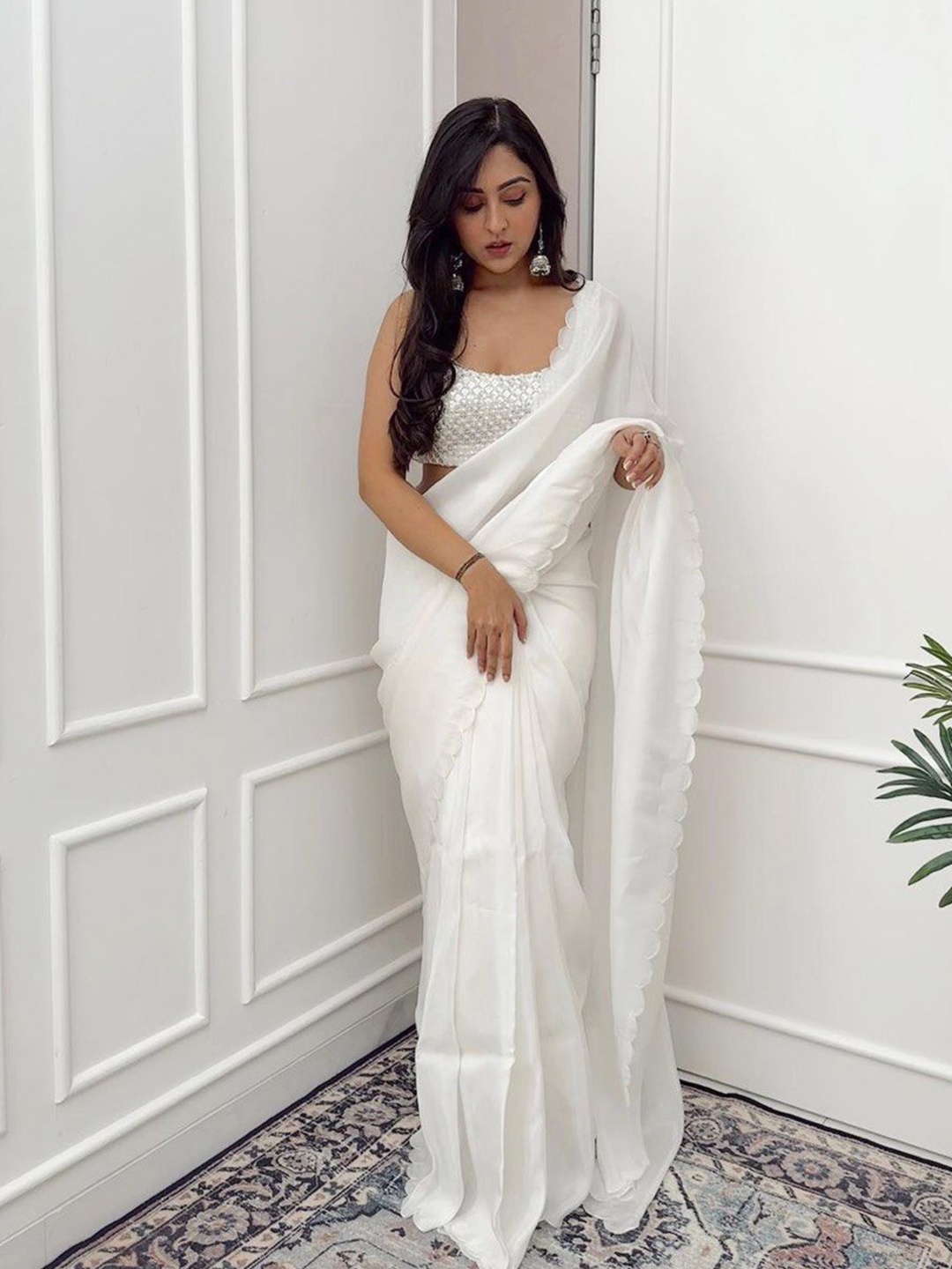 

GLORYANCE Embroidered Organza Saree, White