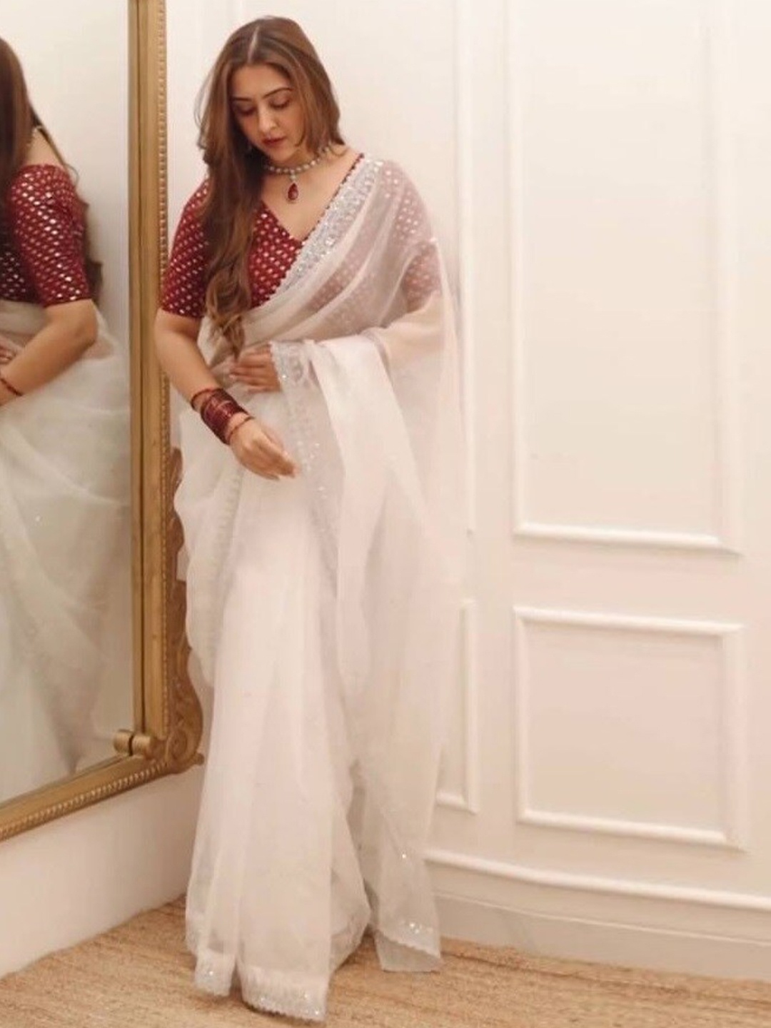 

GLORYANCE Embroidered Organza Saree, White