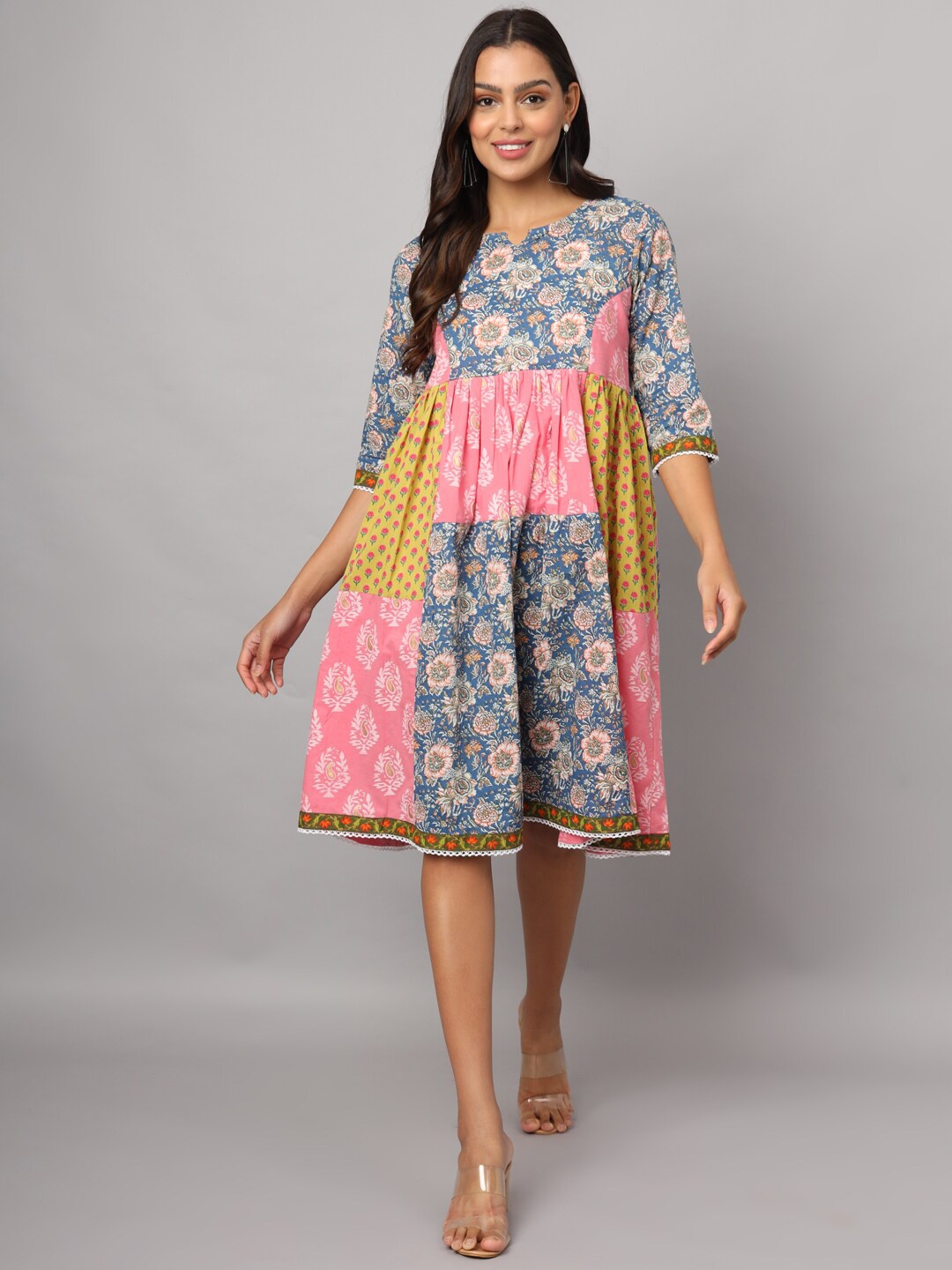 

FABRIC FITOOR Ethnic Motifs Printed Cotton A-Line Dress, Blue