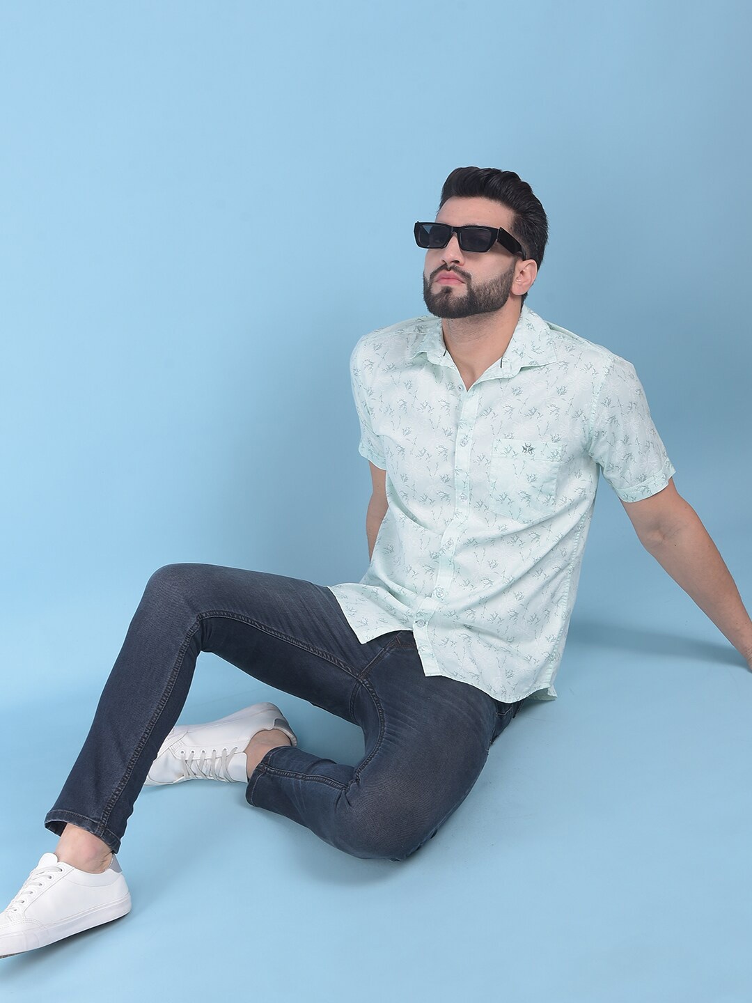 

Crimsoune Club Classic Slim Fit Abstract Printed Spread Collar Cotton Curved Casual Shirt, Green