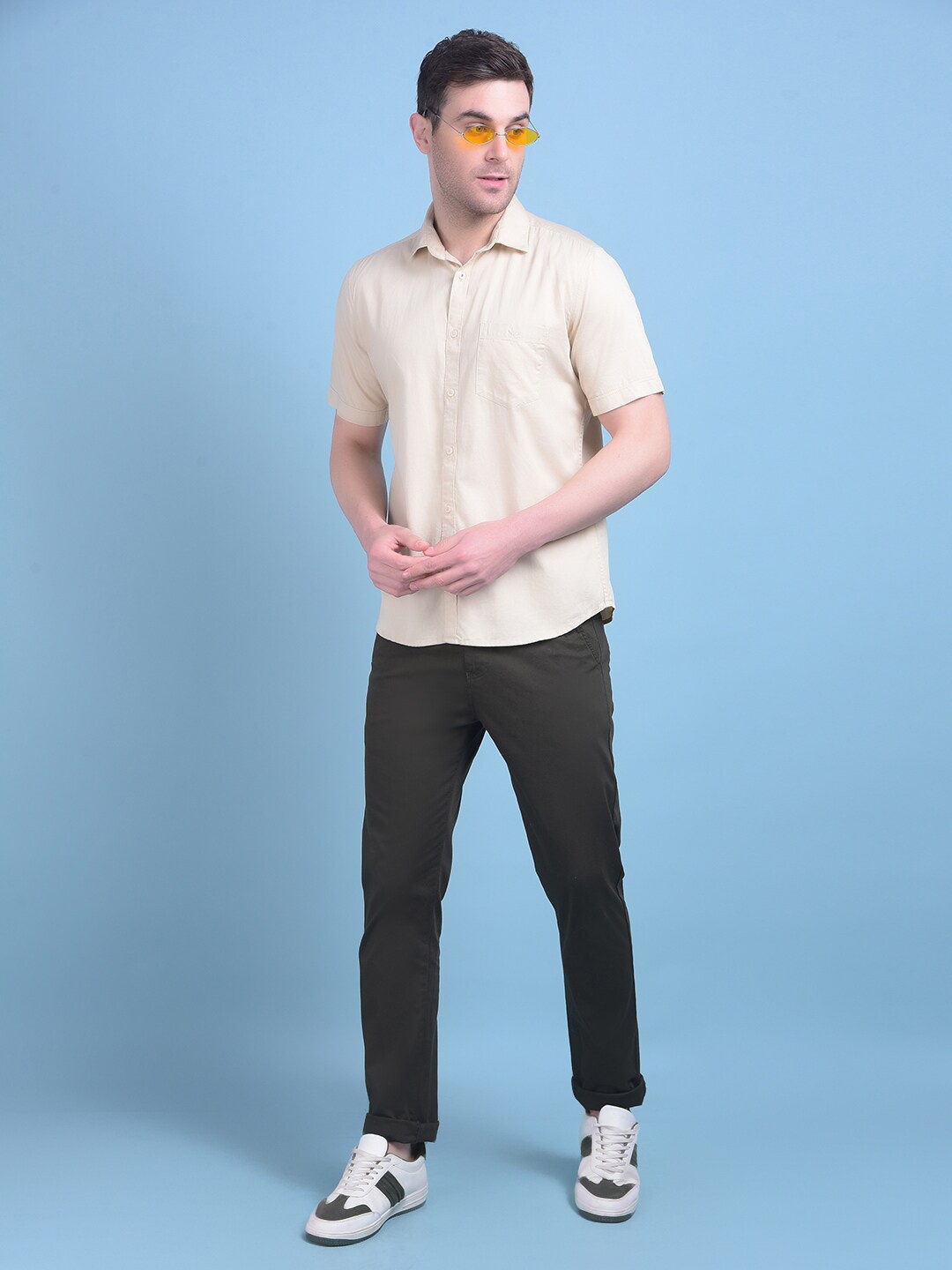 

Crimsoune Club Classic Slim Fit Spread Collar Cotton Curved Casual Shirt, Beige