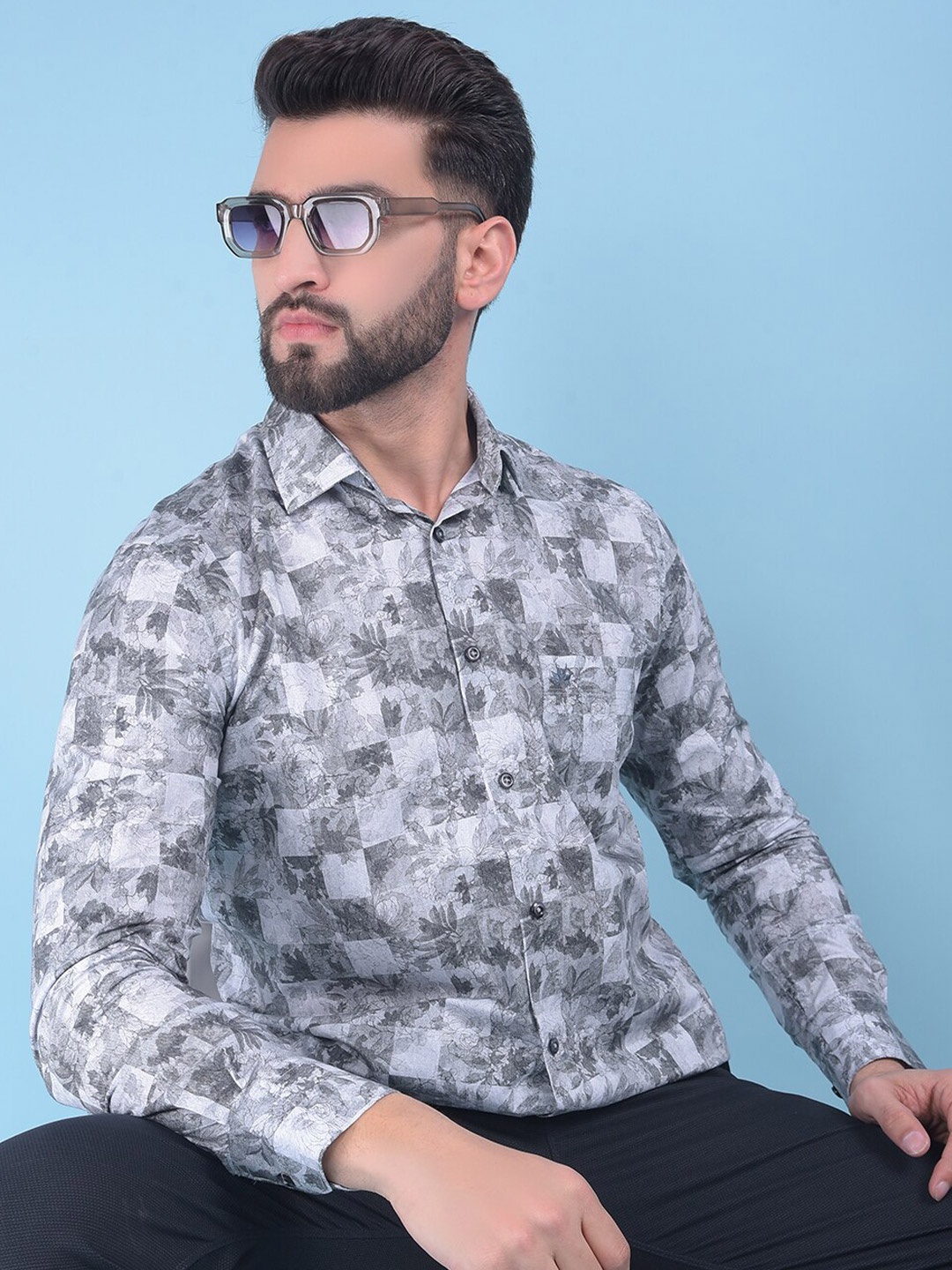 

Crimsoune Club Classic Slim Fit Floral Printed Cotton Casual Shirt, Grey