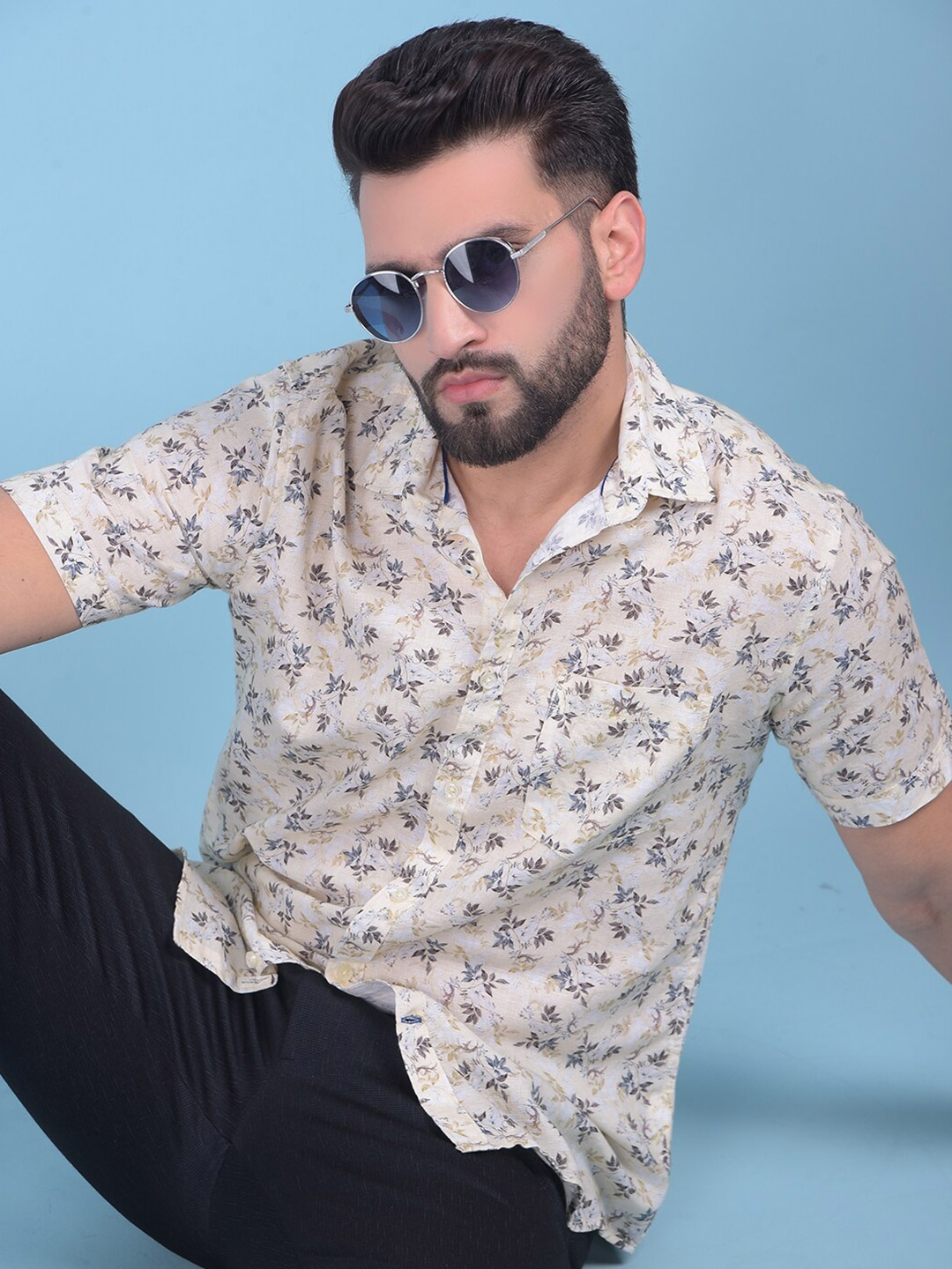 

Crimsoune Club Classic Slim Fit Floral Printed Casual Shirt, Beige