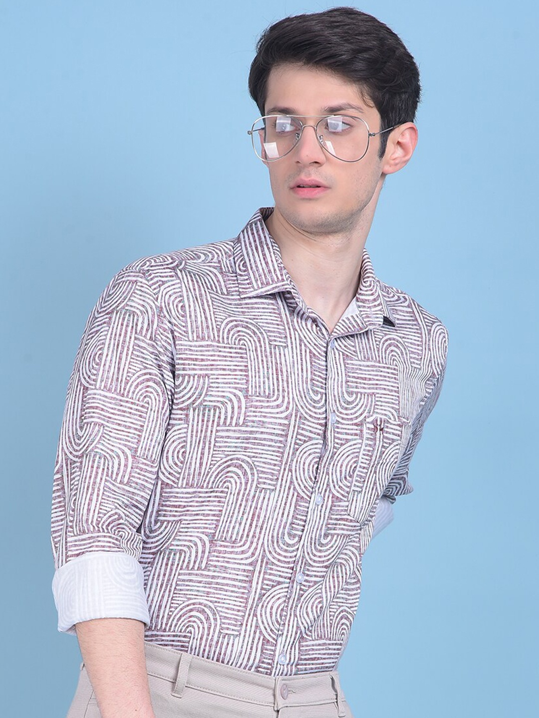 

Crimsoune Club Classic Slim Fit Abstract Printed Casual Shirt, Brown