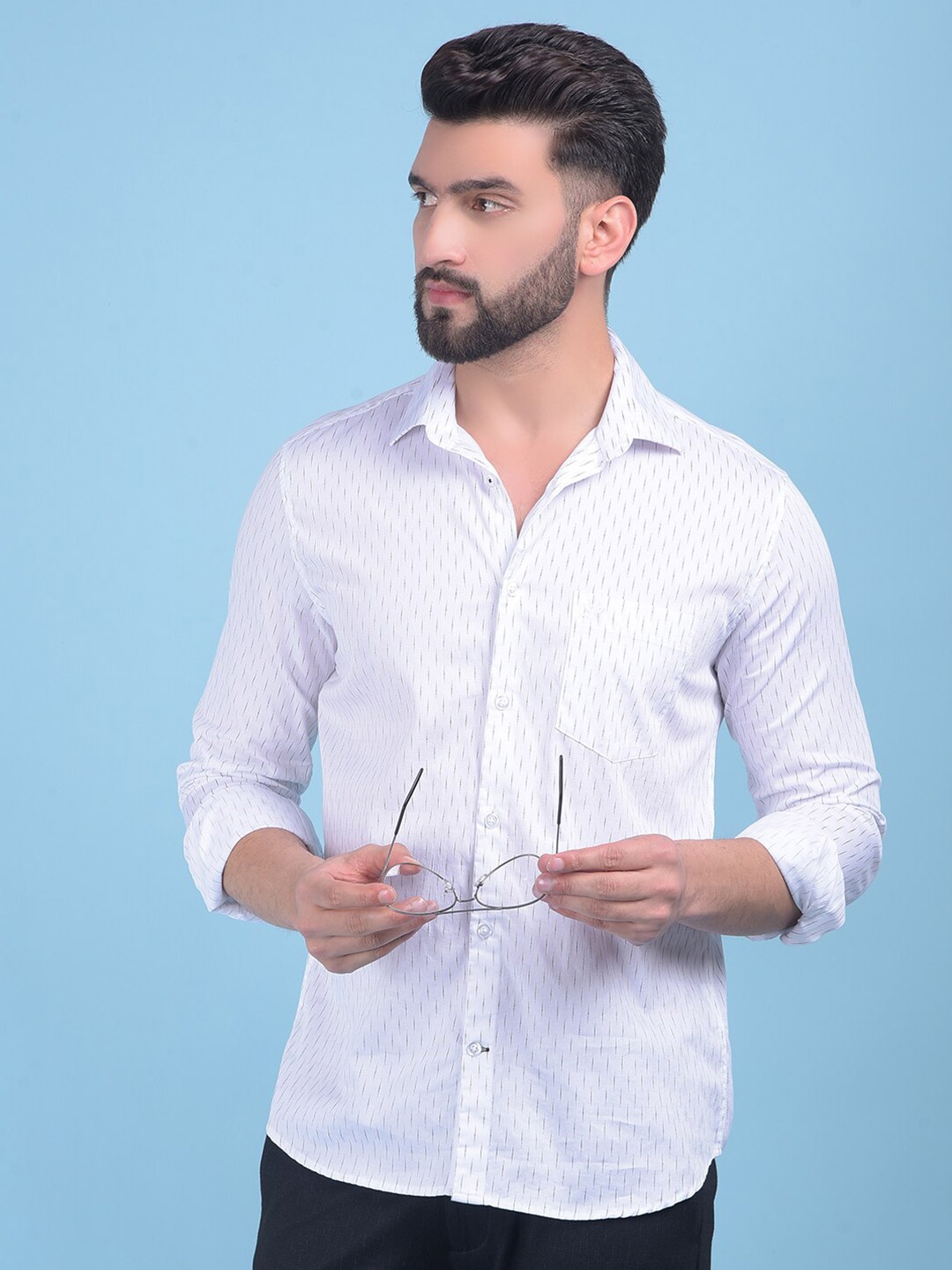 

Crimsoune Club Classic Slim Fit Abstract Printed Cotton Casual Shirt, White