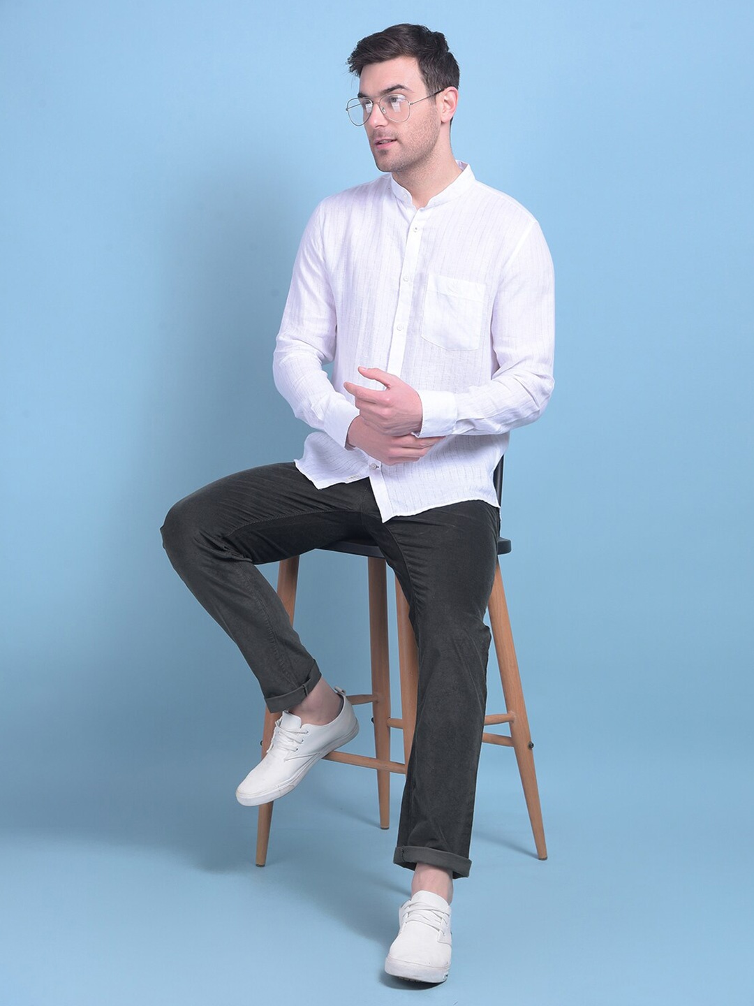 

Crimsoune Club Classic Slim Fit Mandarin Collar Cotton Curved Casual Shirt, White