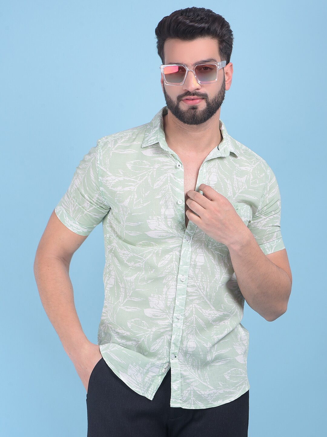 

Crimsoune Club Classic Slim Fit Floral Printed Cotton Linen Casual Shirt, Green