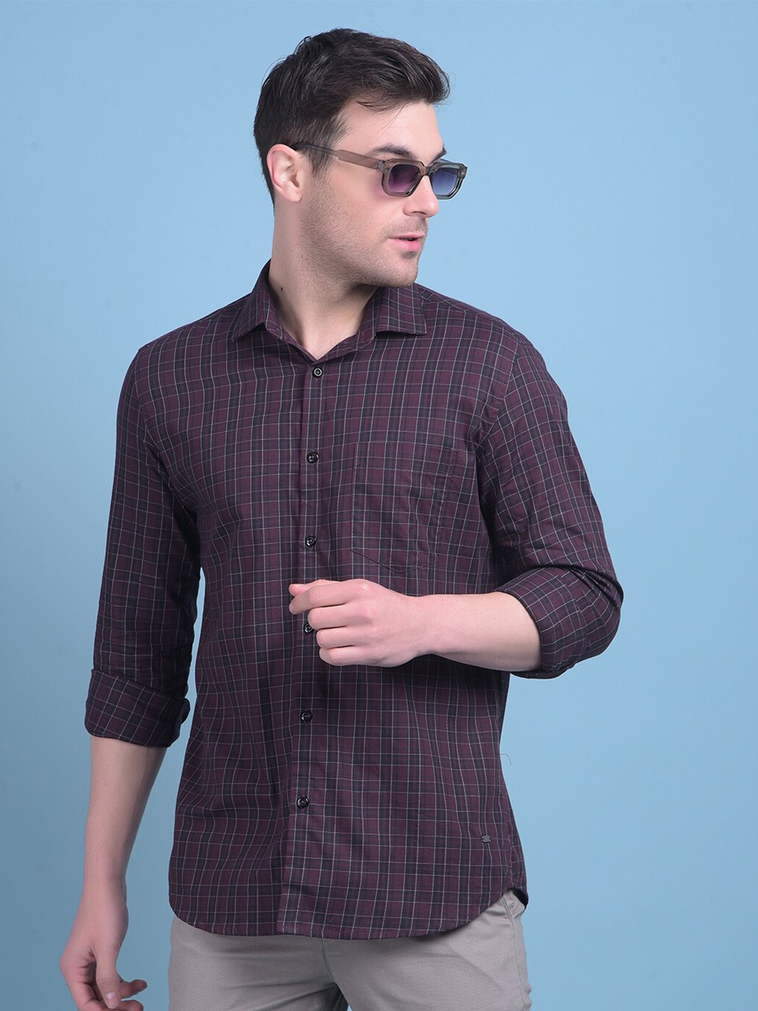 

Crimsoune Club Classic Slim Fit Checked Pure Cotton Casual Shirt, Brown