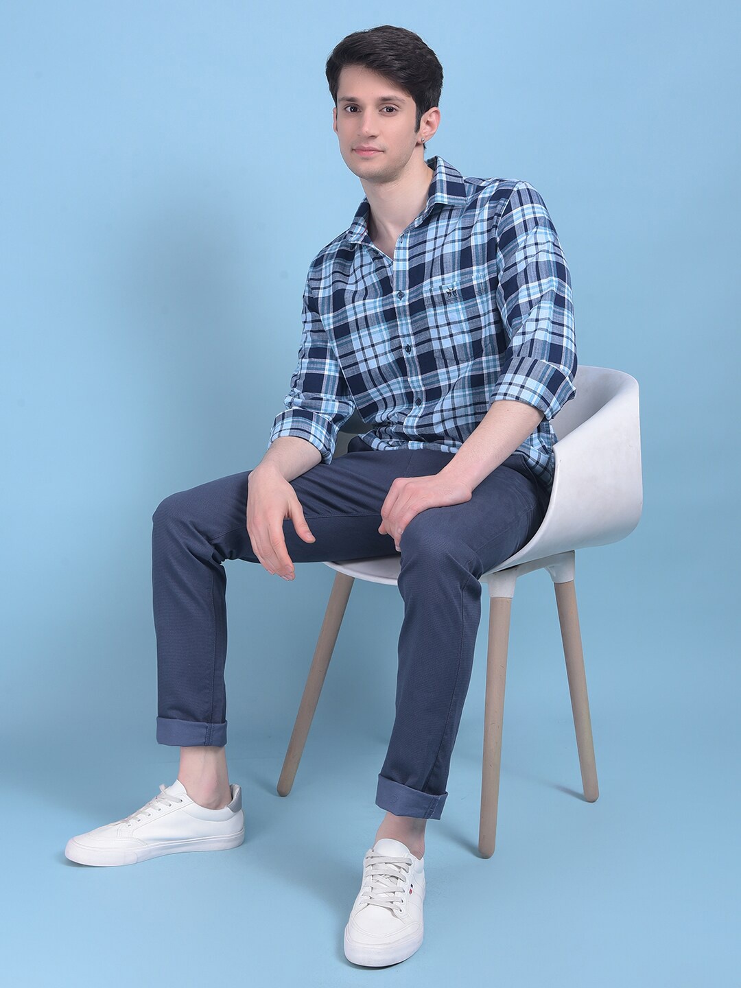 

Crimsoune Club Classic Slim Fit Tartan Checked Pure Cotton Casual Shirt, Blue