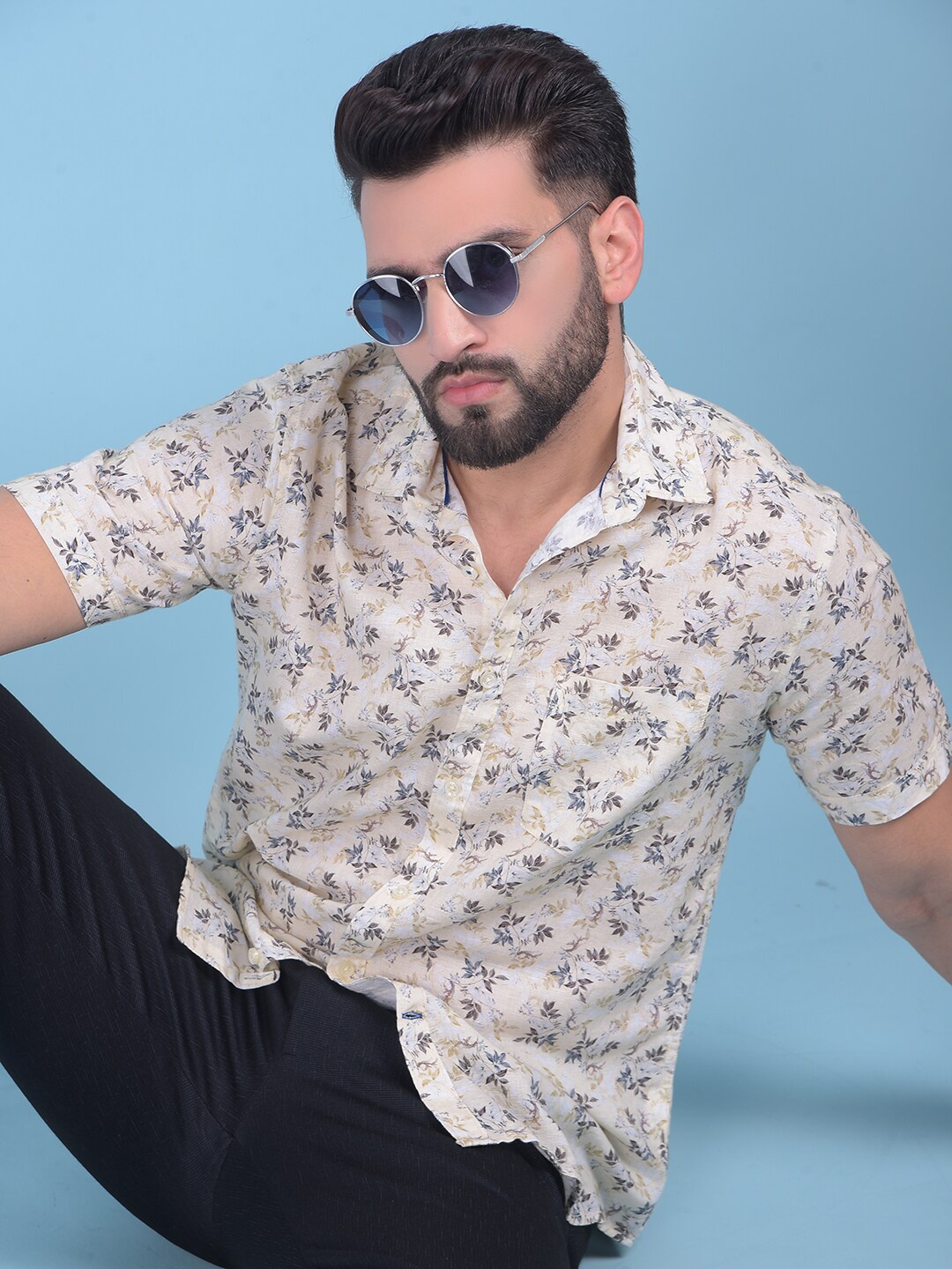 

Crimsoune Club Classic Slim Fit Floral Printed Pure Cotton Casual Shirt, Beige