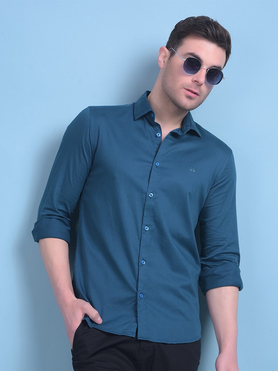 

Crimsoune Club Classic Slim Fit Opaque Cotton Casual Shirt, Blue