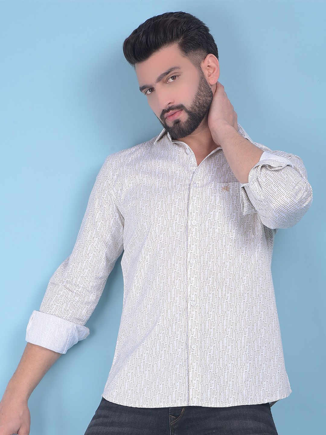 

Crimsoune Club Classic Slim Fit Geometric Printed Pure Cotton Casual Shirt, Mustard
