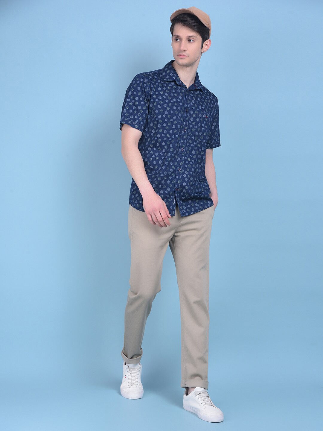 

Crimsoune Club Classic Slim Fit Spread Collar Printed Cotton Casual Shirt, Navy blue