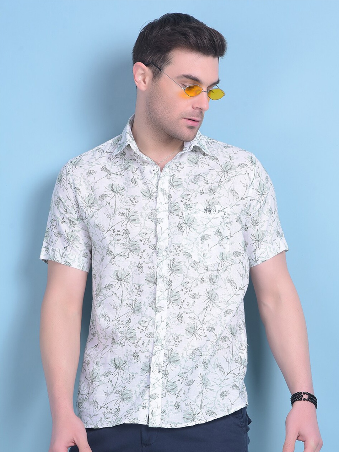 

Crimsoune Club Classic Slim Fit Spread Collar Floral Printed Cotton Casual Shirt, Green
