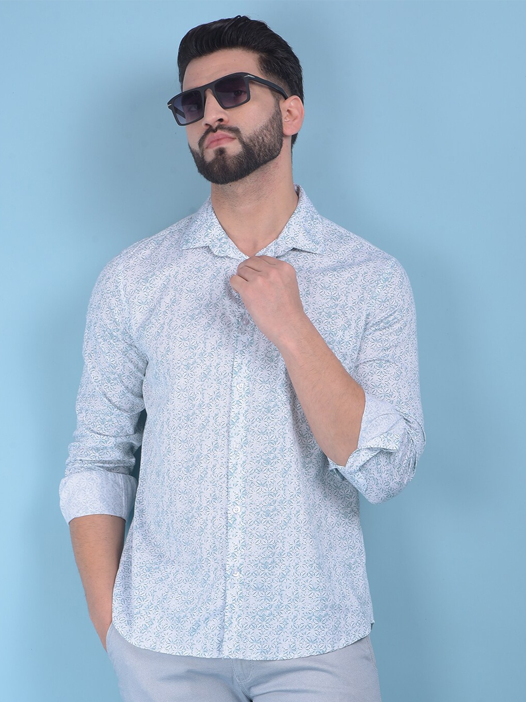 

Crimsoune Club Classic Slim Fit Spread Collar Printed Cotton Casual Shirt, Green