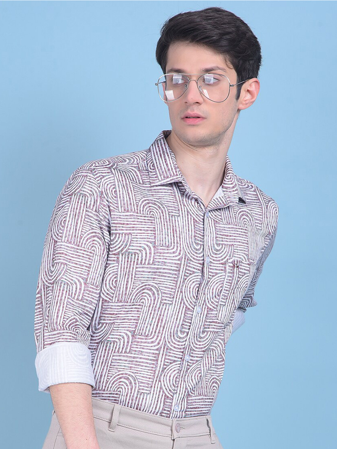 

Crimsoune Club Classic Slim Fit Geometric Printed Spread Collar Cotton Casual Shirt, Brown