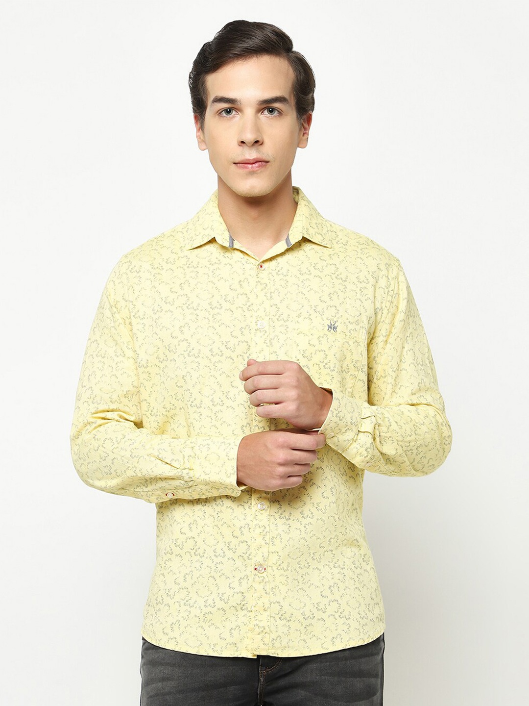 

Crimsoune Club Classic Slim Fit Abstract Printed Pure Cotton Casual Shirt, Yellow