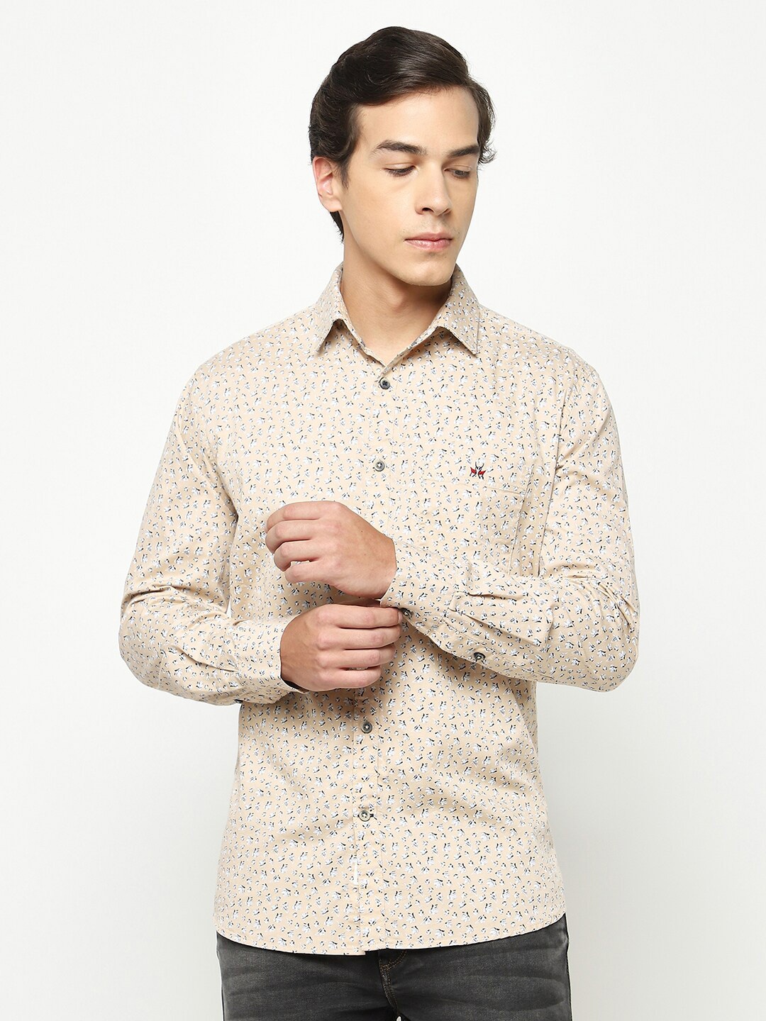 

Crimsoune Club Classic Slim Fit Spread Collar Printed Cotton Casual Shirt, Beige