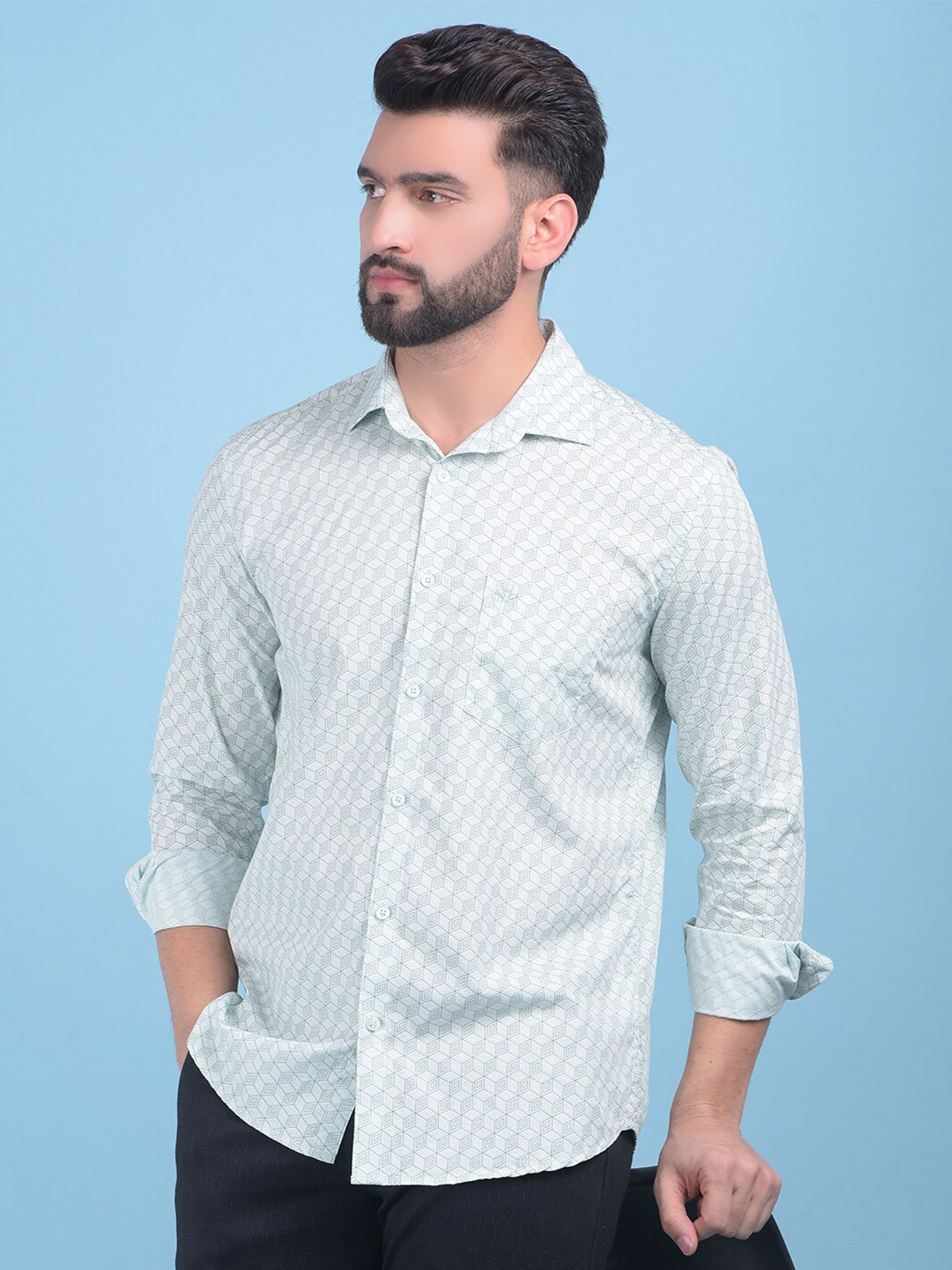 

Crimsoune Club Classic Slim Fit Opaque Cotton Printed Casual Shirt, Green