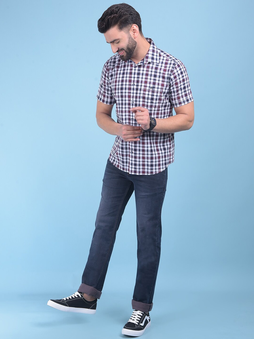 

Crimsoune Club Classic Slim Fit Spread Collar Checked Casual Shirt, Red