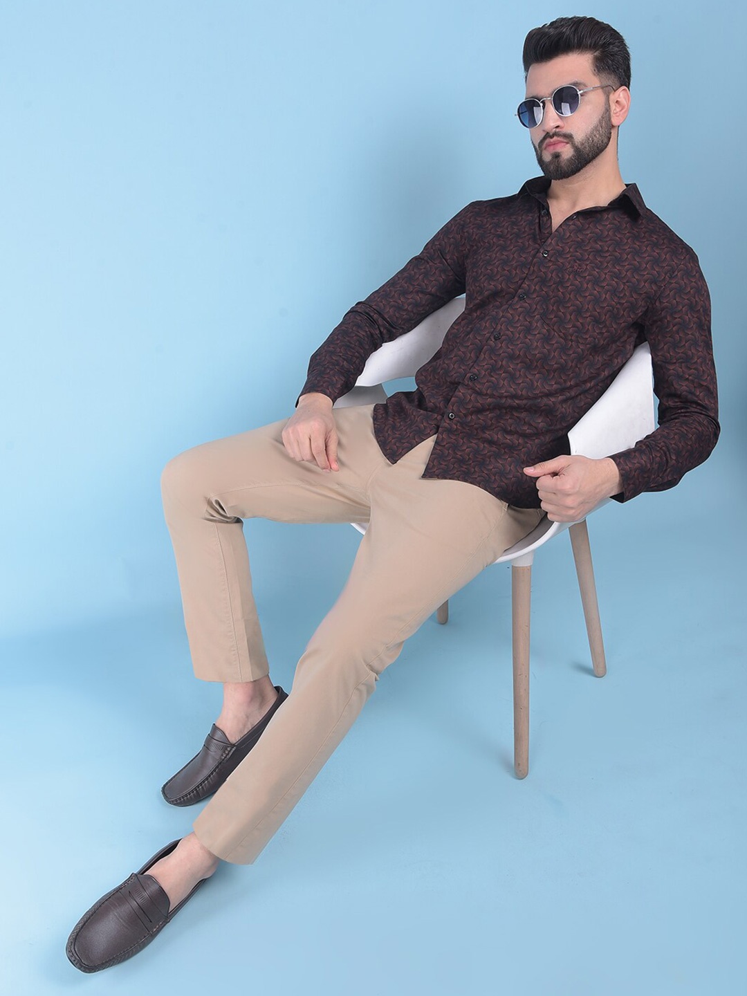 

Crimsoune Club Classic Slim Fit Opaque Printed Cotton Casual Shirt, Brown