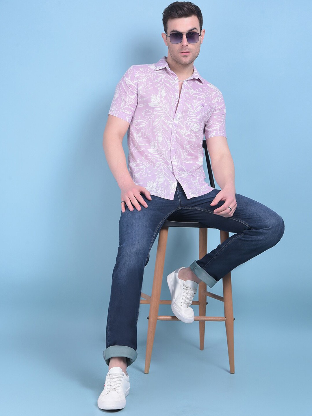 

Crimsoune Club Classic Slim Fit Floral Printed Cotton Linen Casual Shirt, Purple