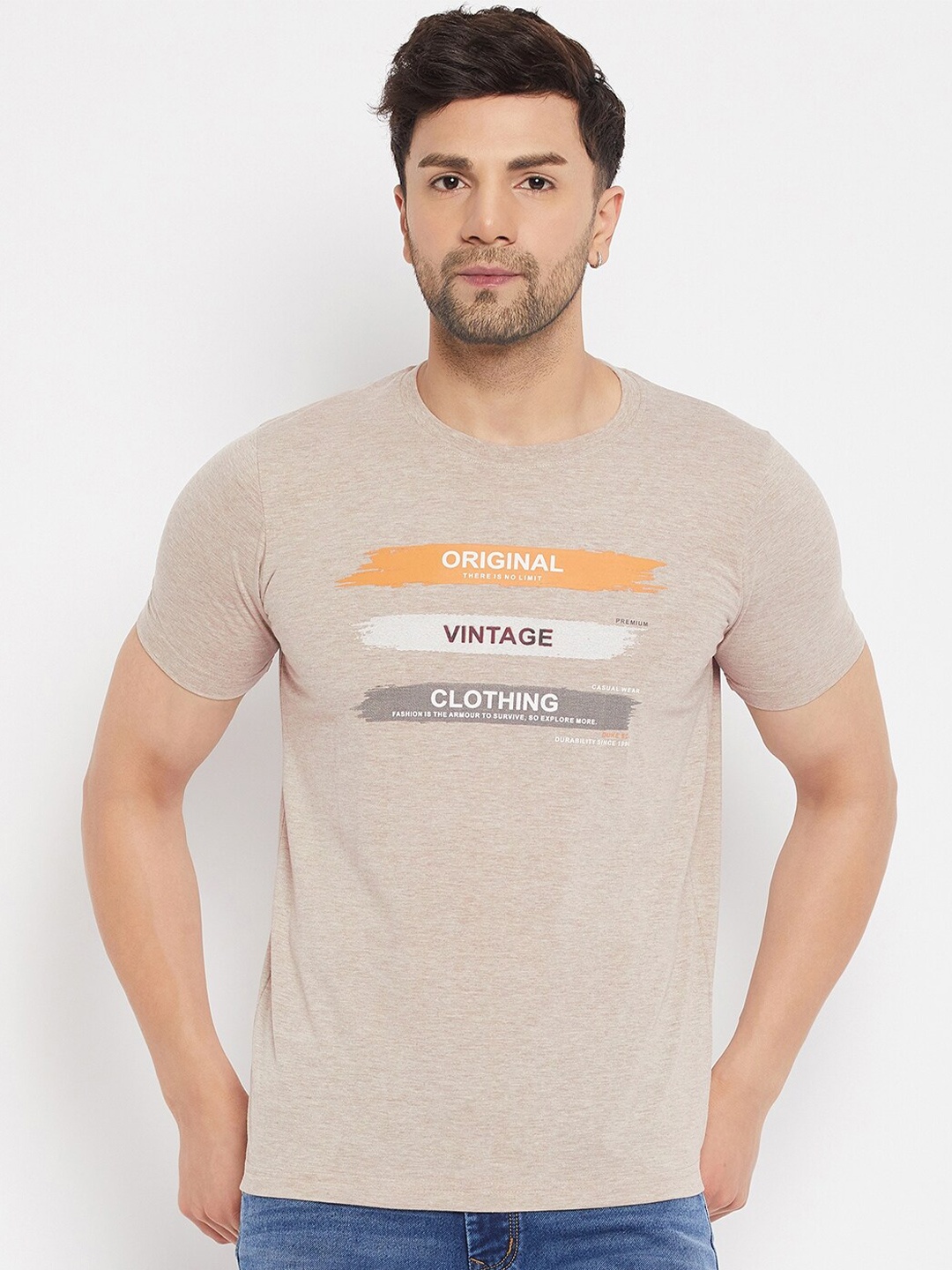 

Duke Typography Printed Round Neck Short Sleeves Cotton Slim Fit T-shirt, Beige