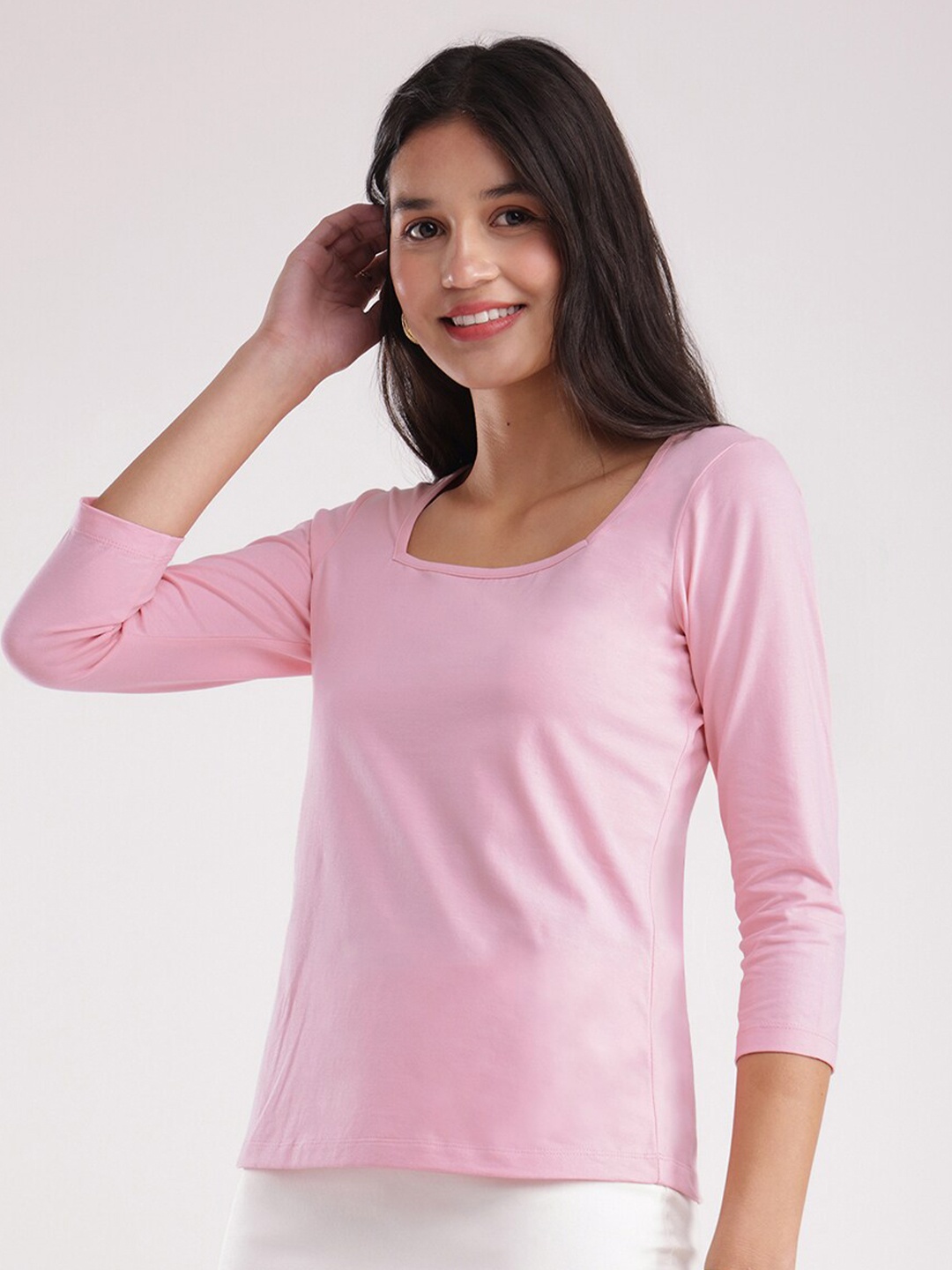 

FableStreet Square Neck Pure Cotton Casual T-shirt, Pink