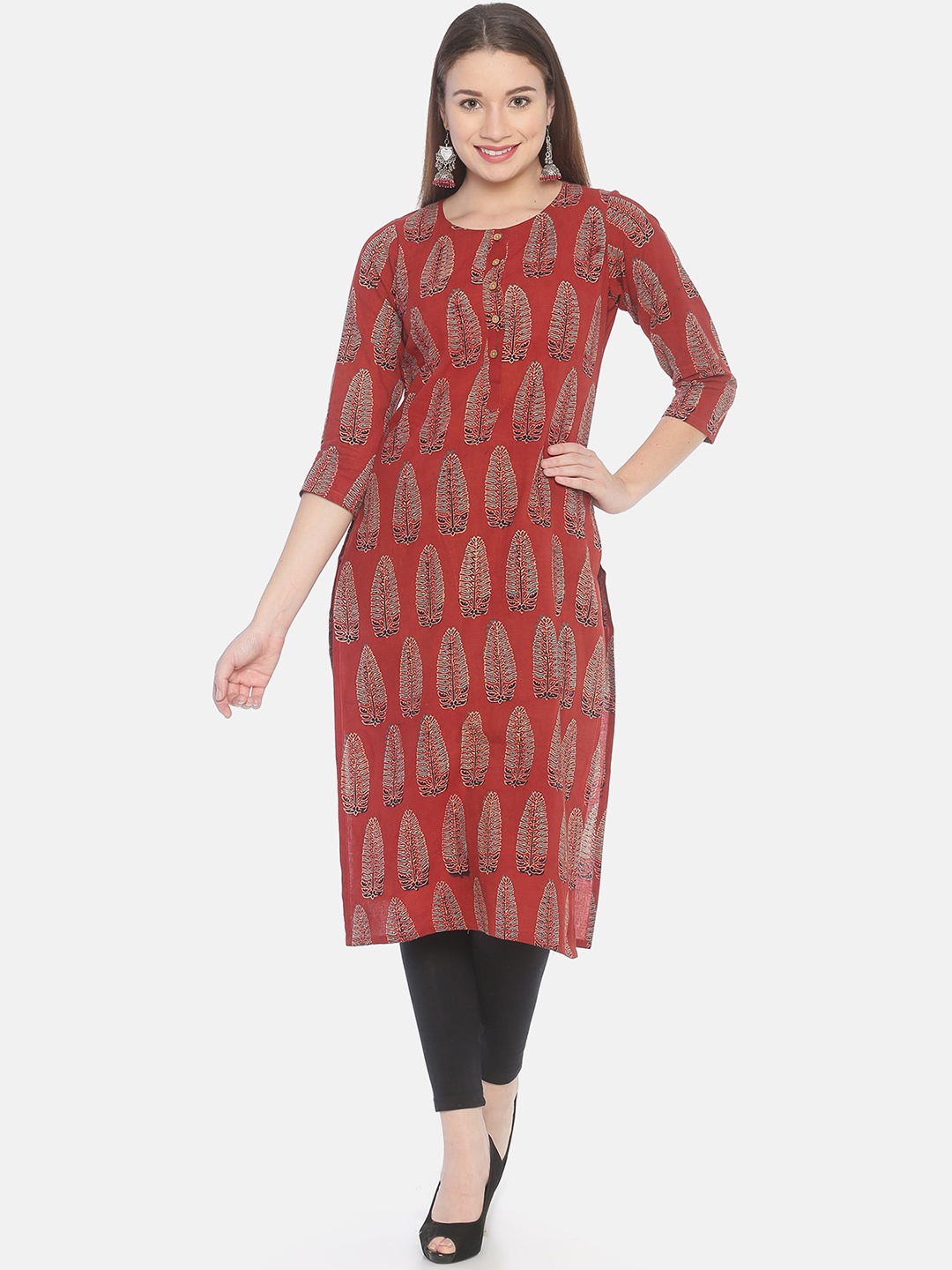 

Weaves of Tradition Ethnic Motifs Block Printed Cotton Straight Kurta, Red
