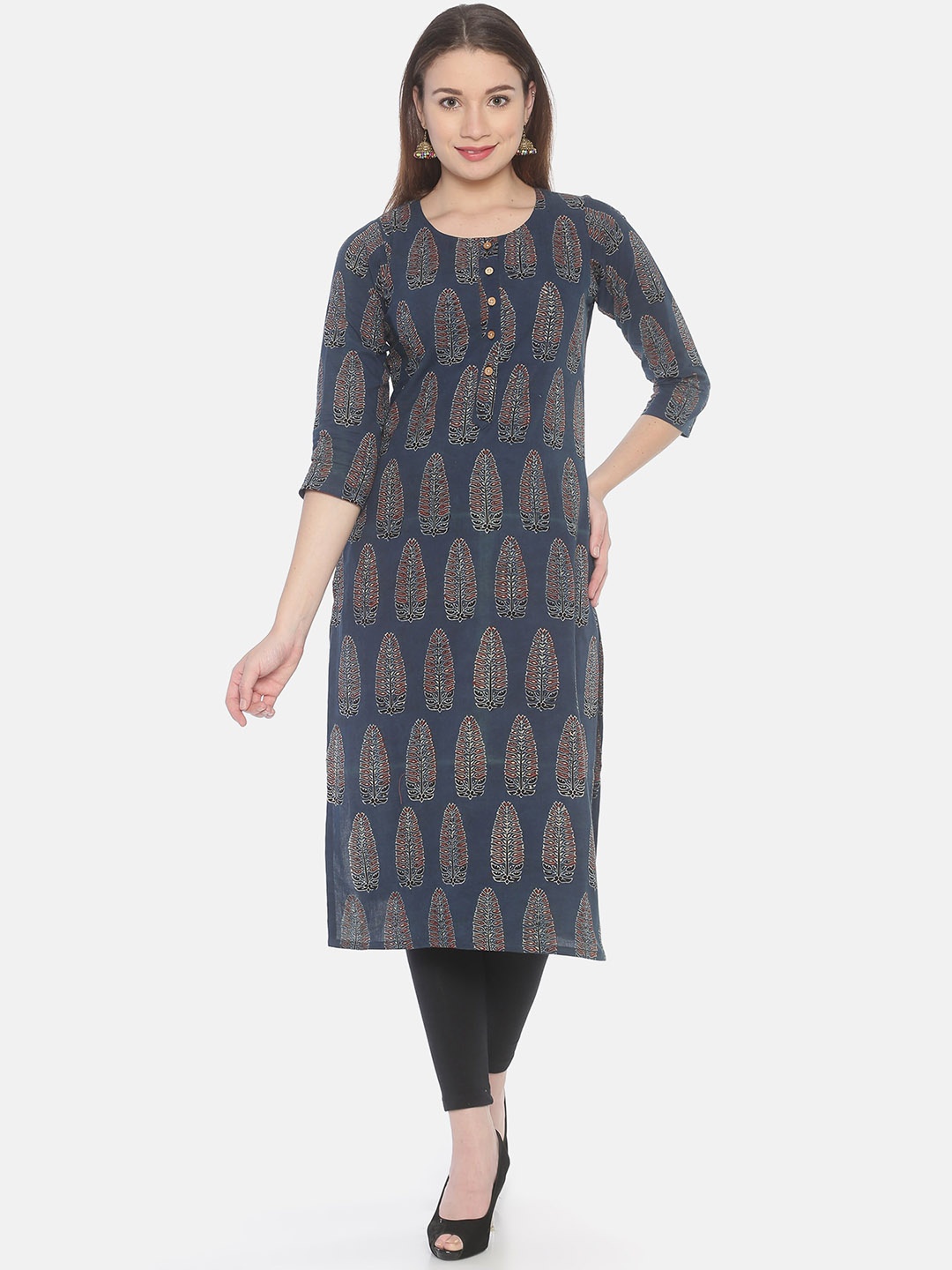 

Weaves of Tradition Paisley Printed Cotton Block Print Straight Kurta, Blue