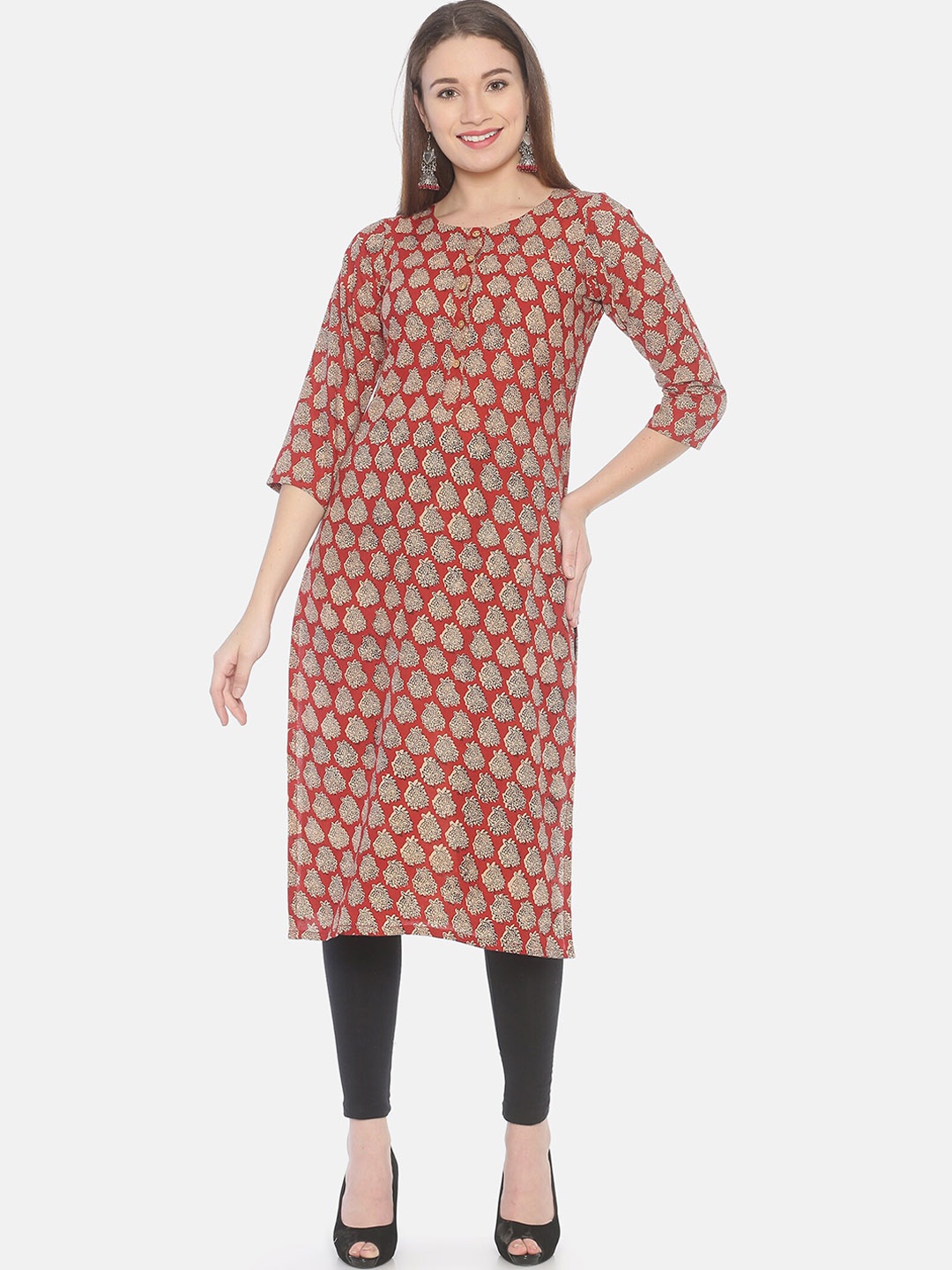 

Weaves of Tradition Ethnic Motifs Printed Cotton Straight Kurta, Red