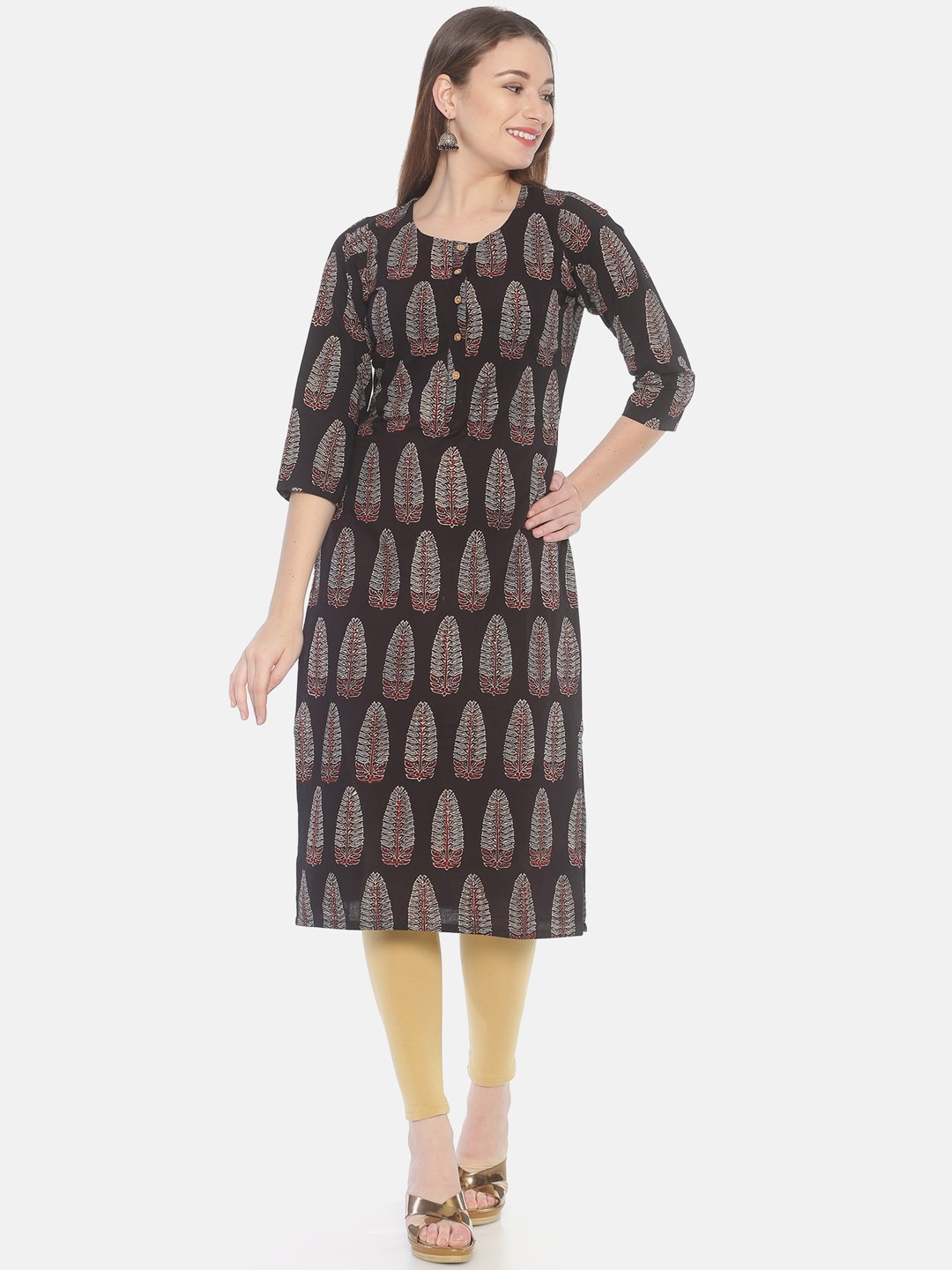 

Weaves of Tradition Ethnic Motifs Block Printed Cotton Straight Kurta, Brown