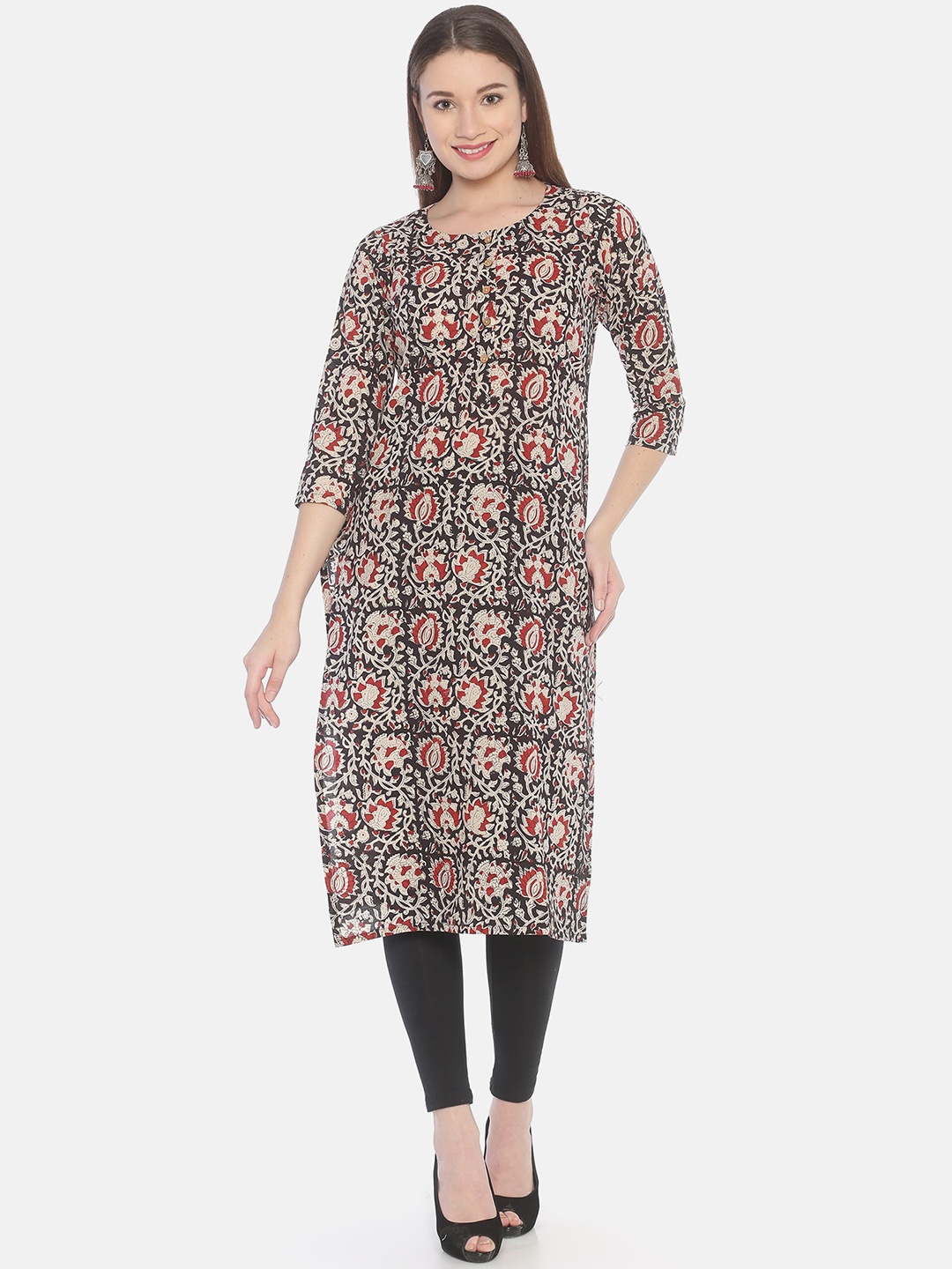 

Weaves of Tradition Floral Printed Cotton Straight Kurta, Black