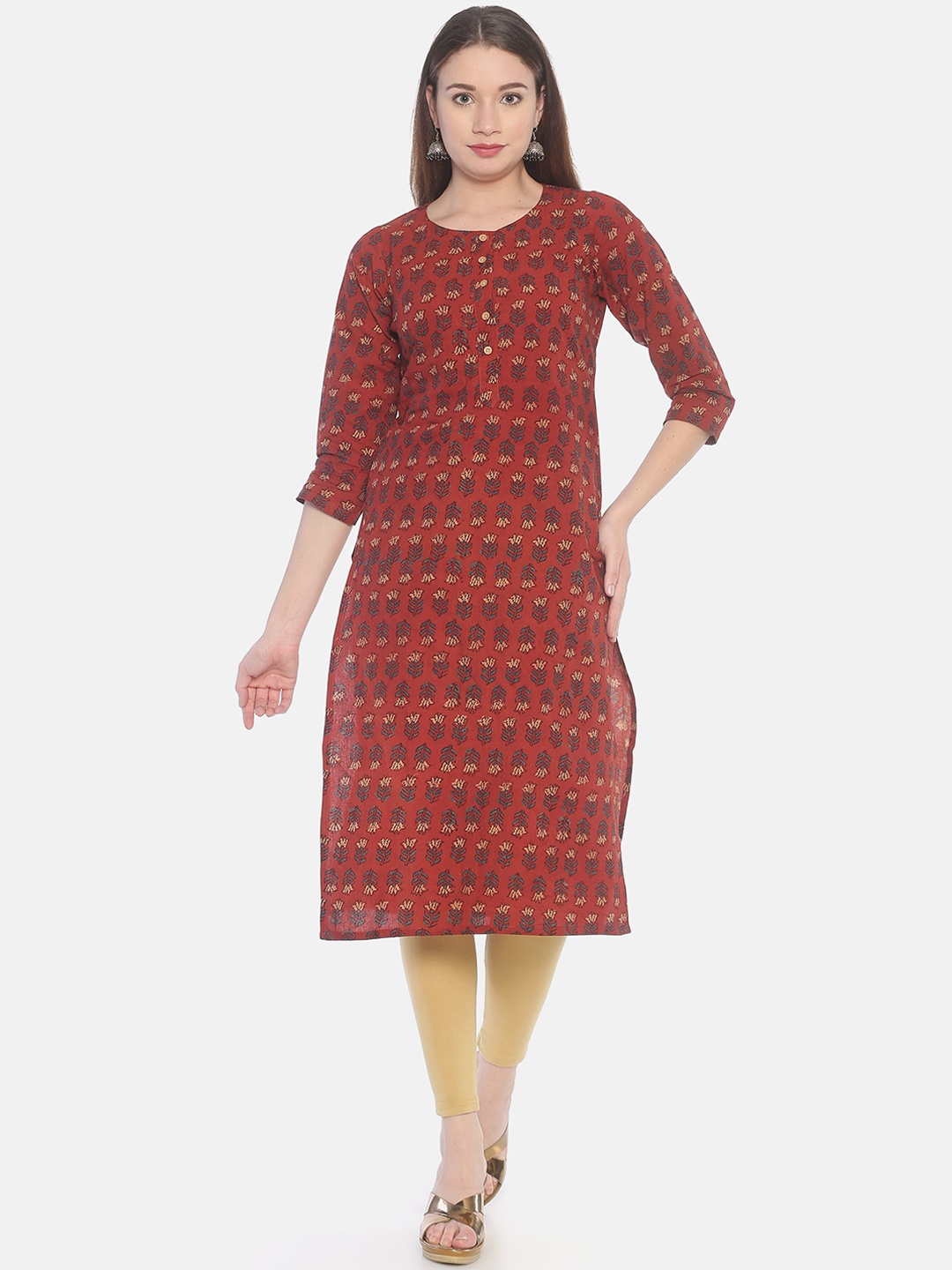 

Weaves of Tradition Floral Block Printed Cotton Straight Kurta, Red