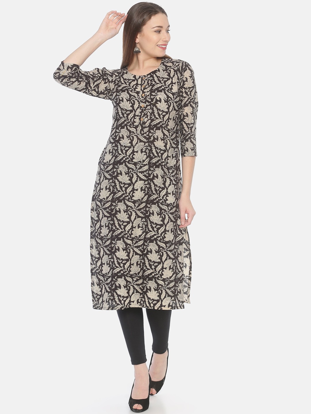 

Weaves of Tradition Floral Printed Cotton Straight Kurta, Black