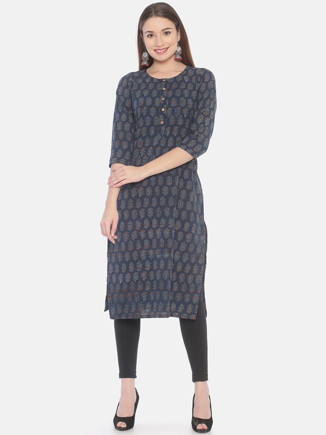 

Weaves of Tradition Floral Block Printed Cotton Straight Kurta, Blue