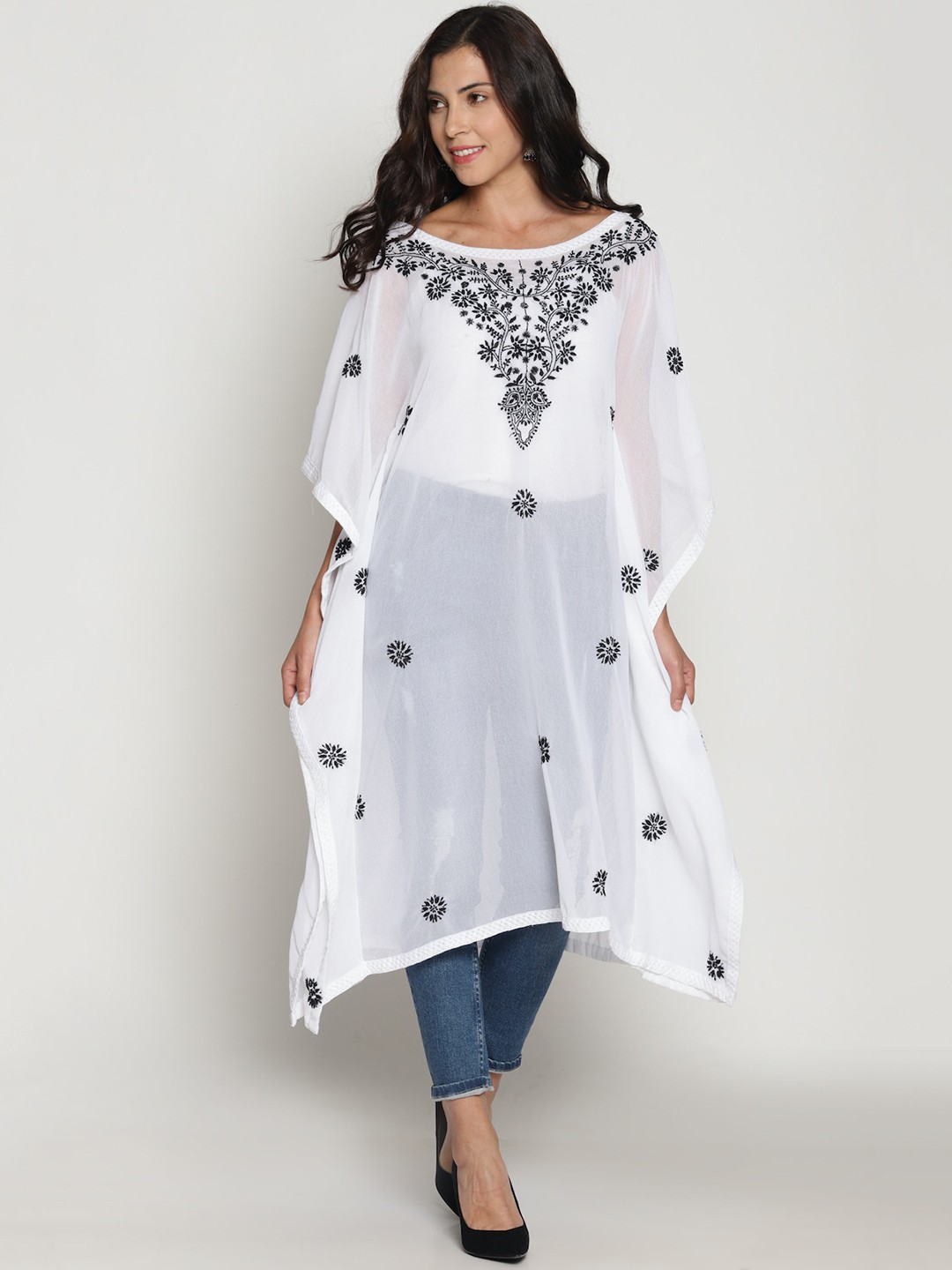 

Weaves of Tradition Thread Work Boat Neck Chikankari Georgette Kaftan Kurta, White